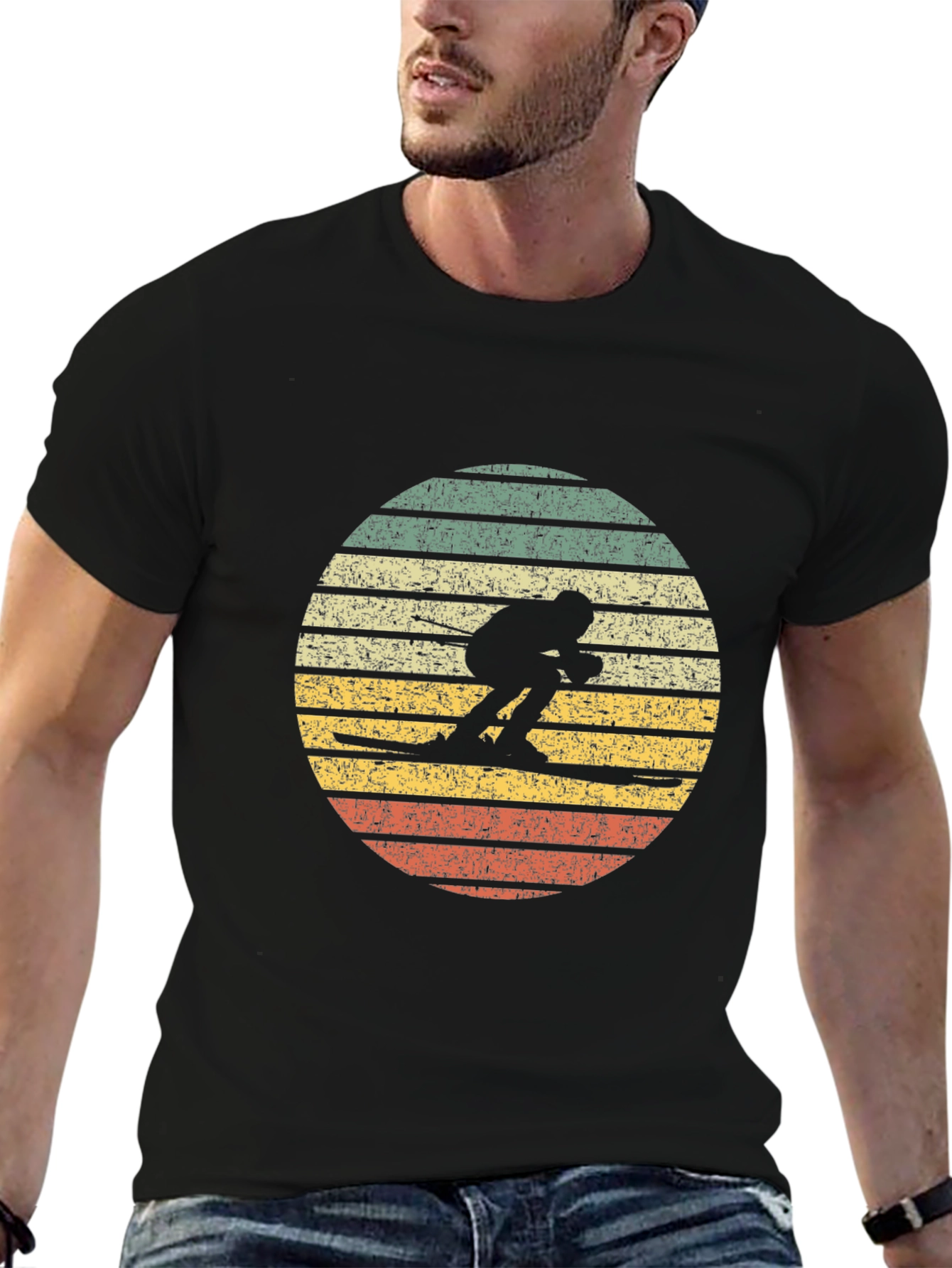 Black Retro Skiing Sunset T-Shirt - Vintage Style view 6