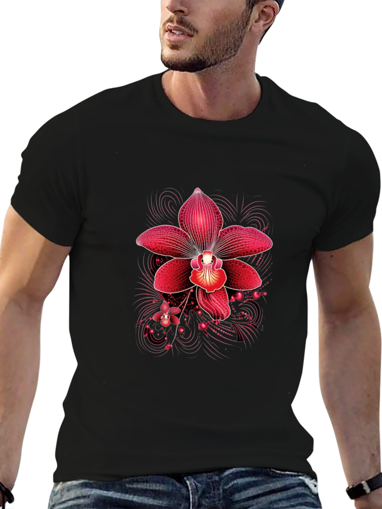 Black Red Orchid Graphic Print Black T-Shirt view 6
