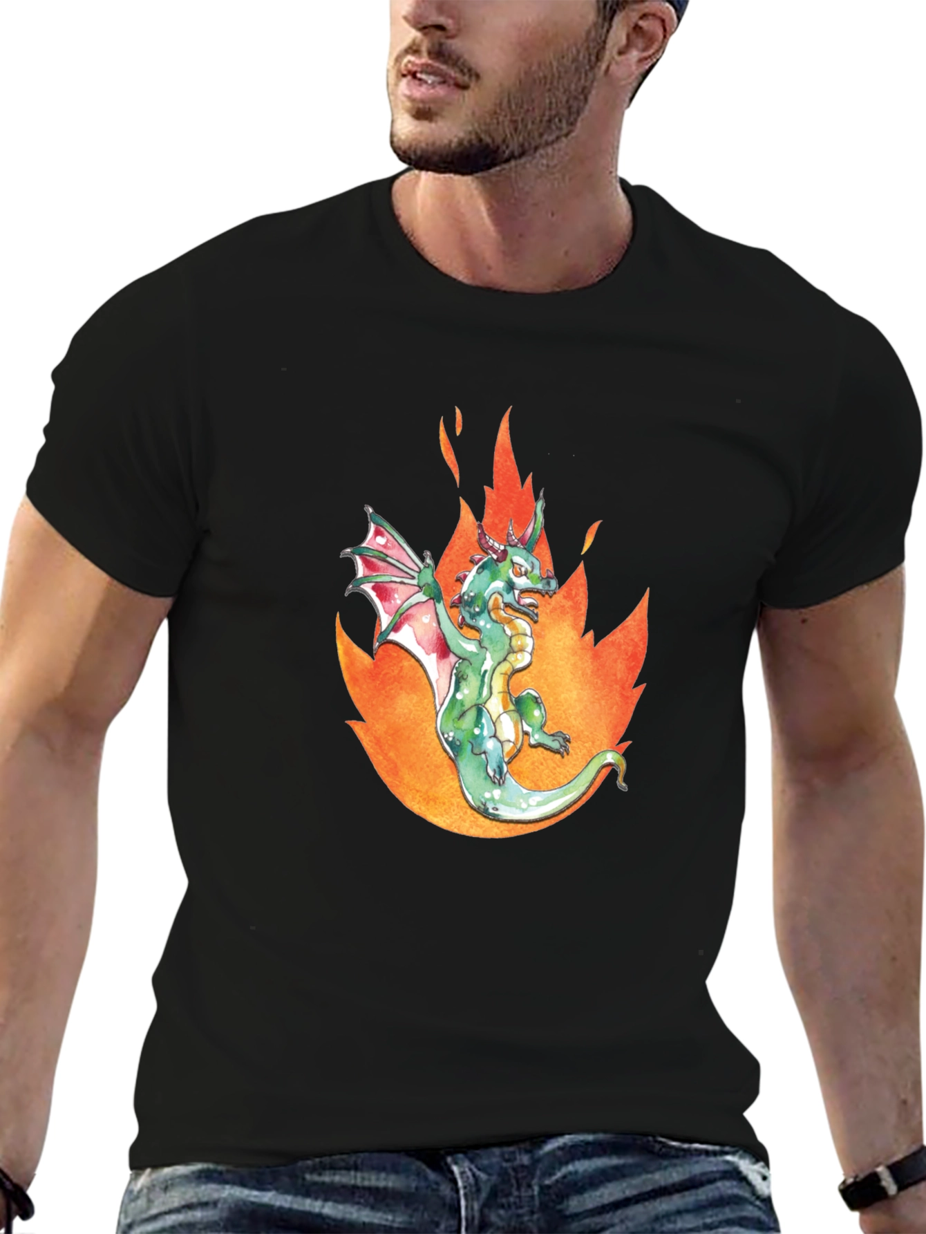 Black Dragon in Flames Graphic Tee - Black Cotton T-Shirt view 6