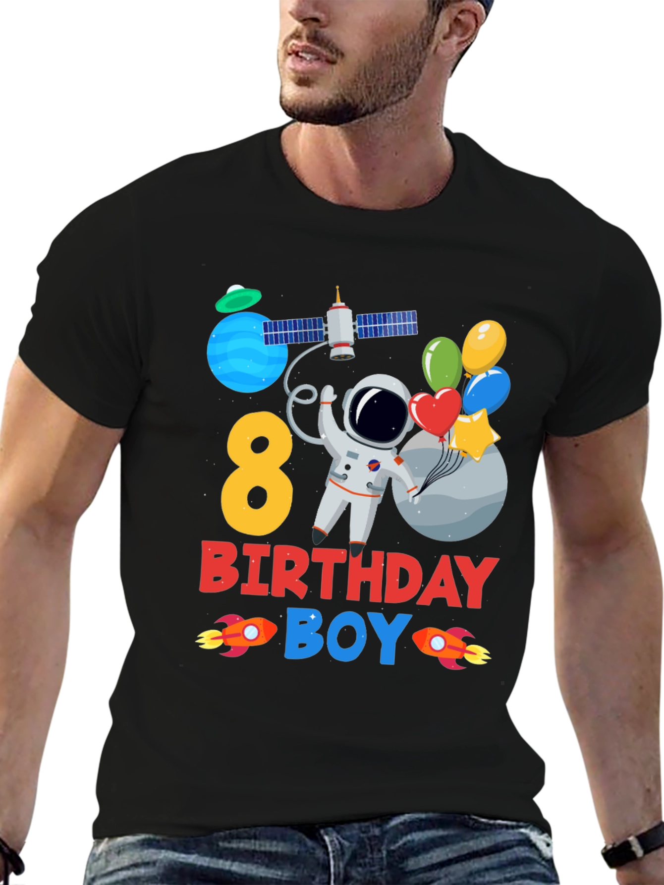 Black 8th Birthday Boy Astronaut T-Shirt view 6