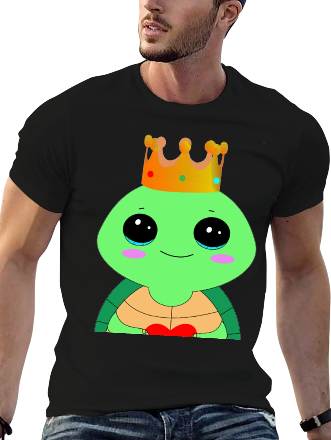 Black Cute Cartoon Turtle King T-Shirt view 6