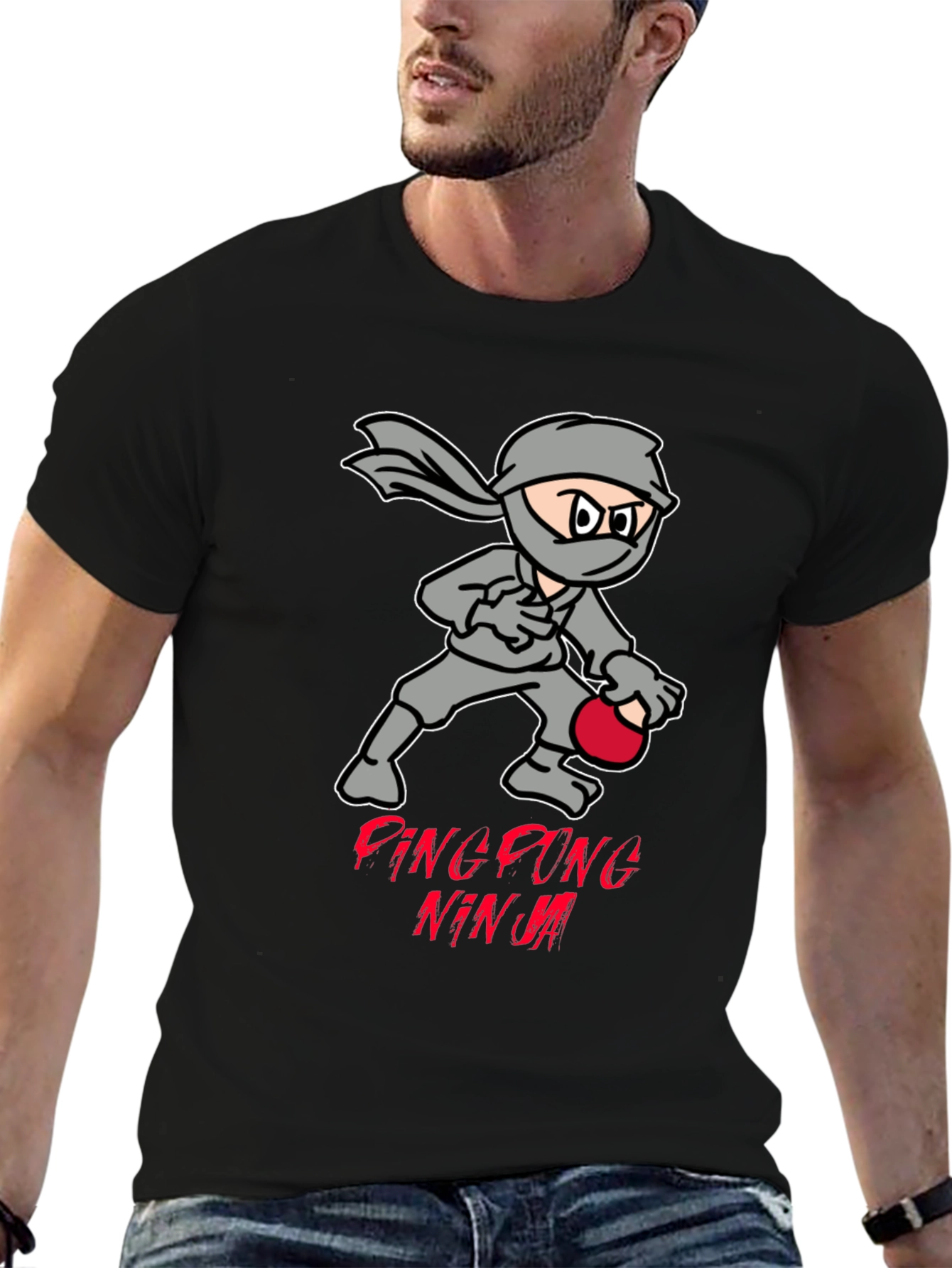 Black Ping Pong Ninja T-Shirt - Cool Graphic Tee view 6