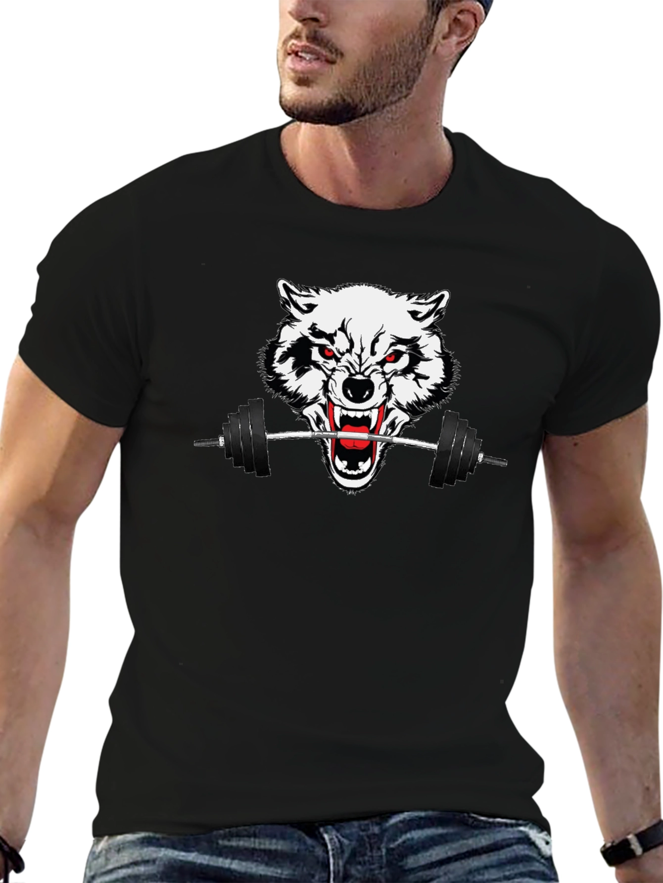 Black Wolf Barbell Graphic Tee - Black Gym Shirt view 6