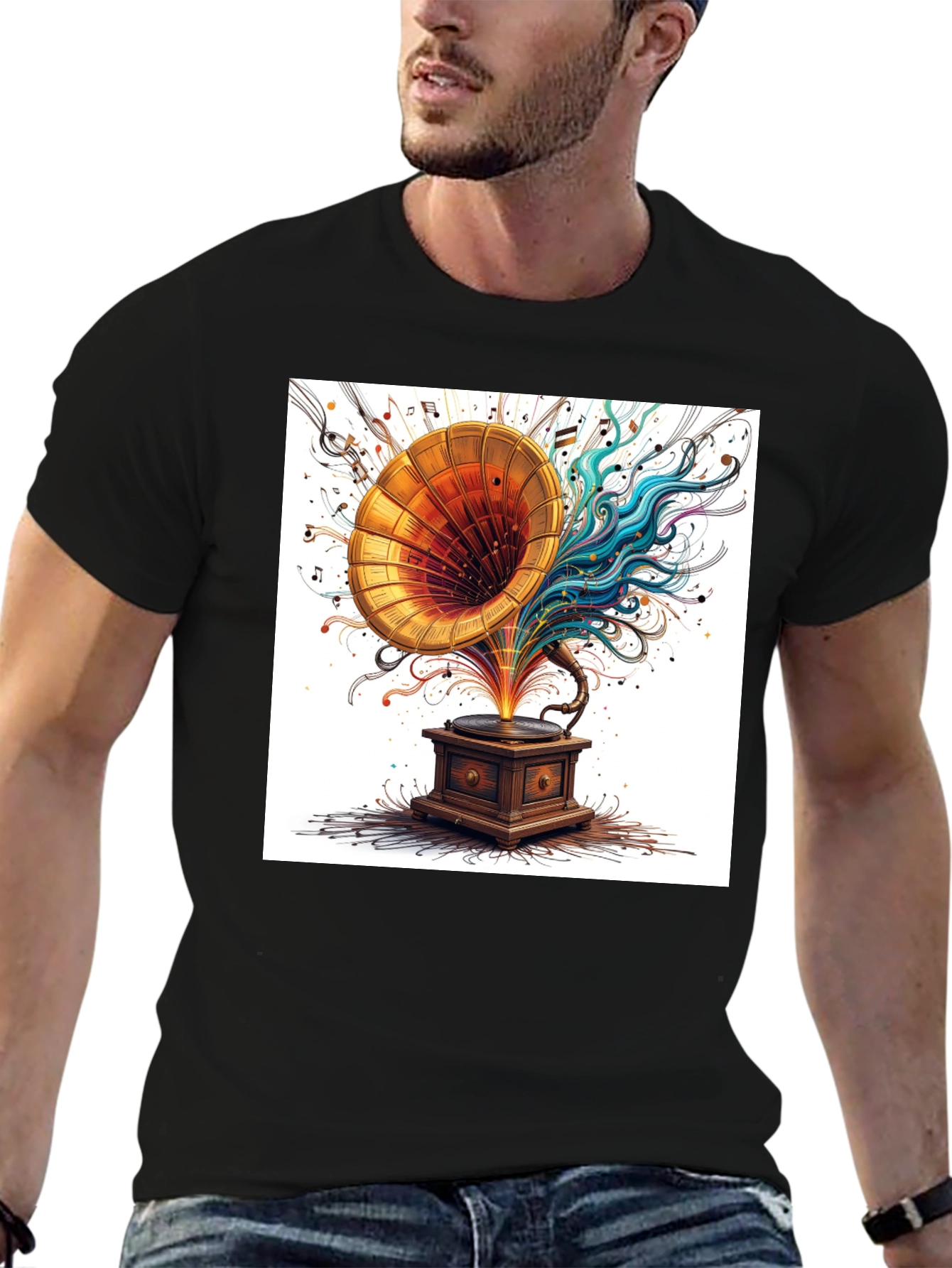 Black Vintage Phonograph Music T-Shirt view 6