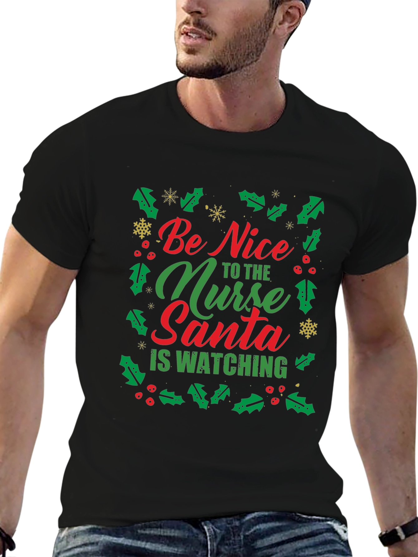 Black Be Nice to the Nurse Santa is Watching T-Shirt view 6
