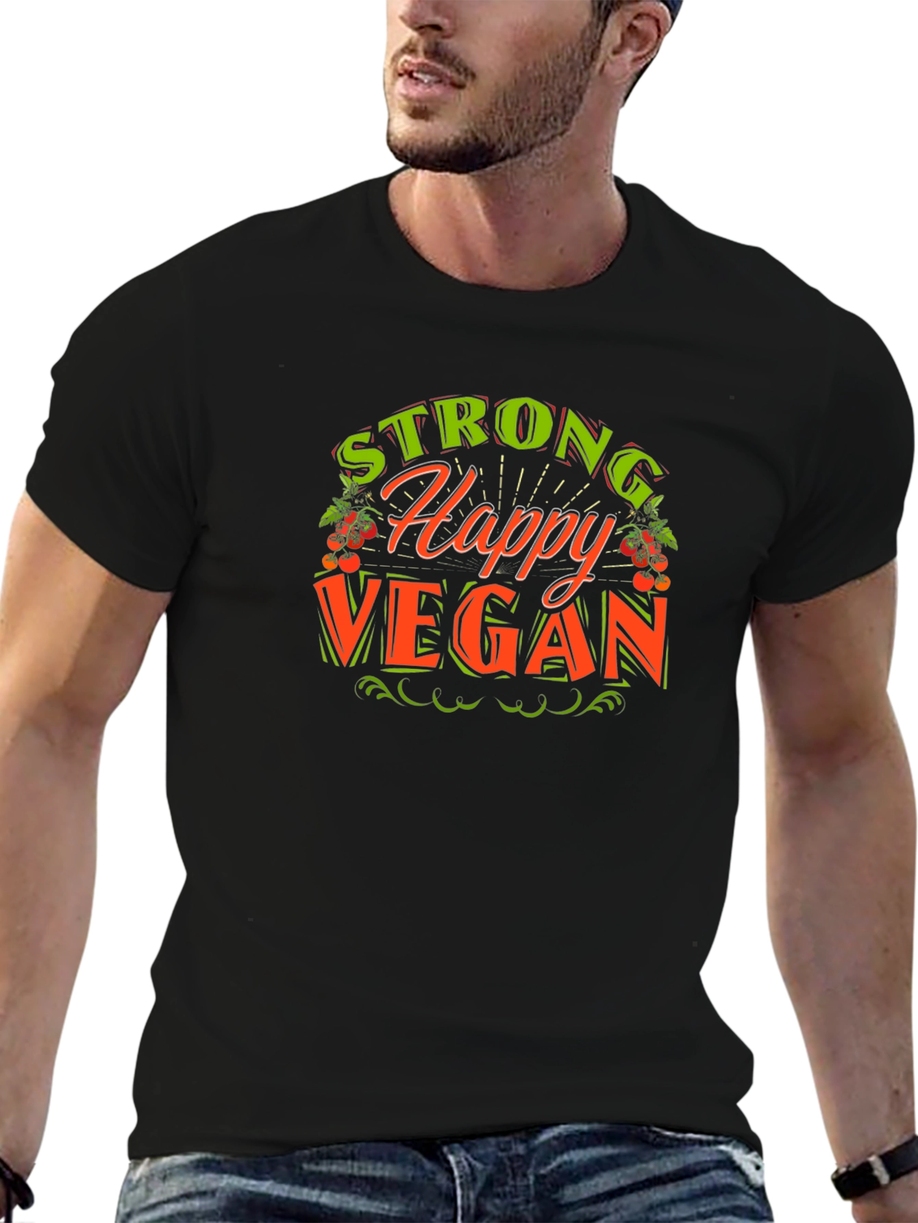 Black Strong Happy Vegan Graphic Tee view 6