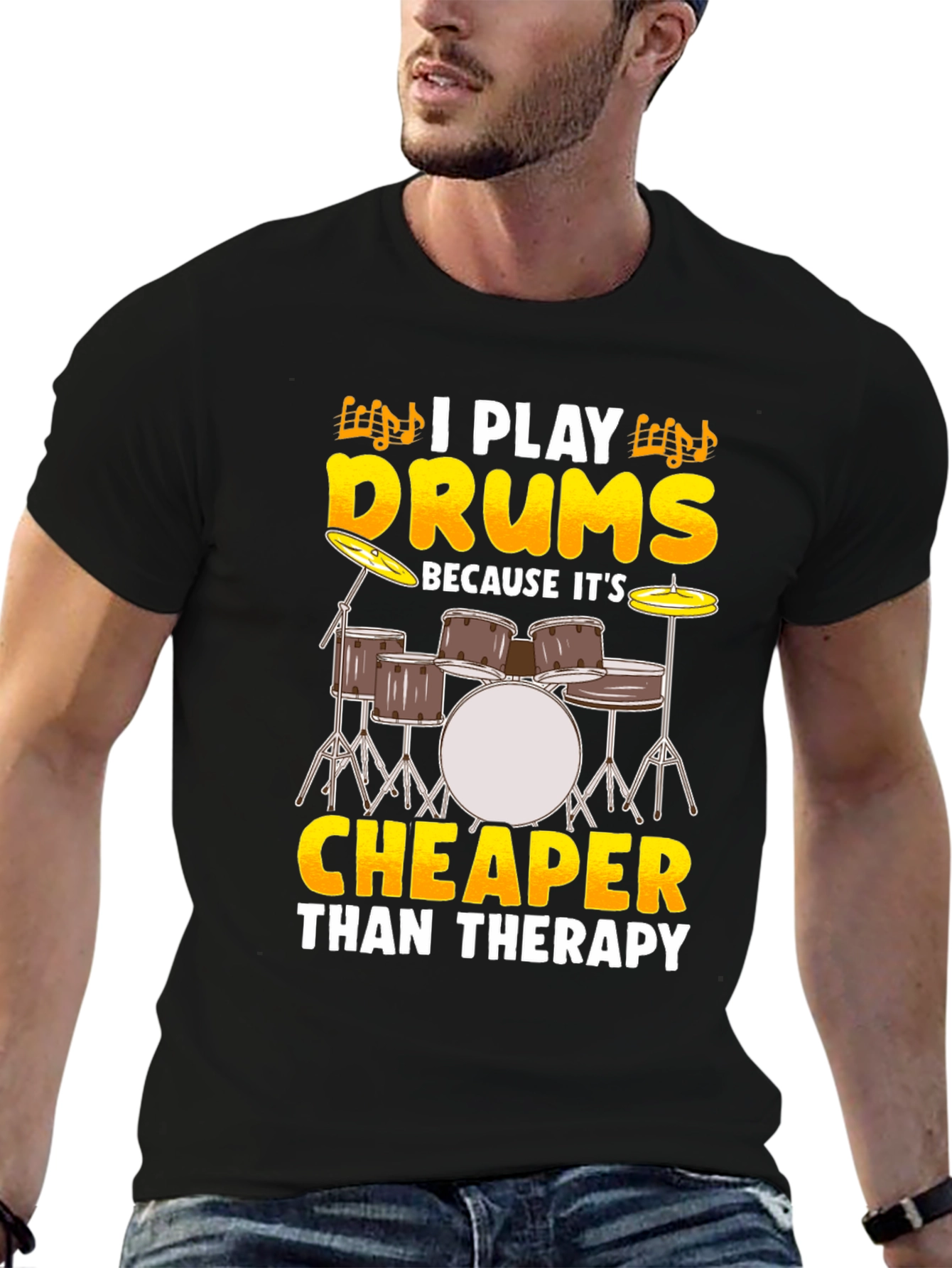 Black Drummer T-Shirt - I Play Drums Because It's Cheaper Than Therapy view 6