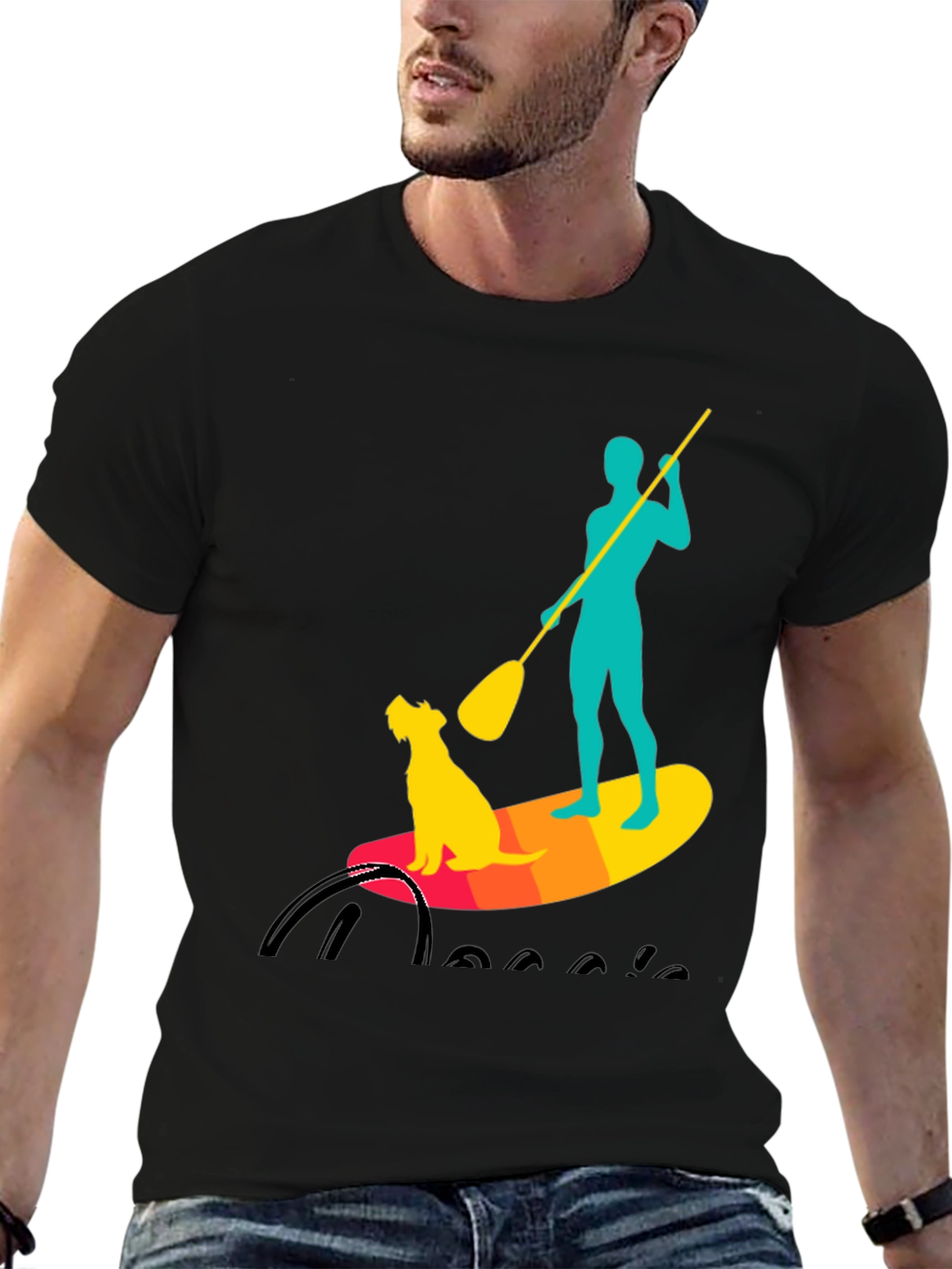 Black Paddle Board Dog T-Shirt - Cool Watersports Tee view 6