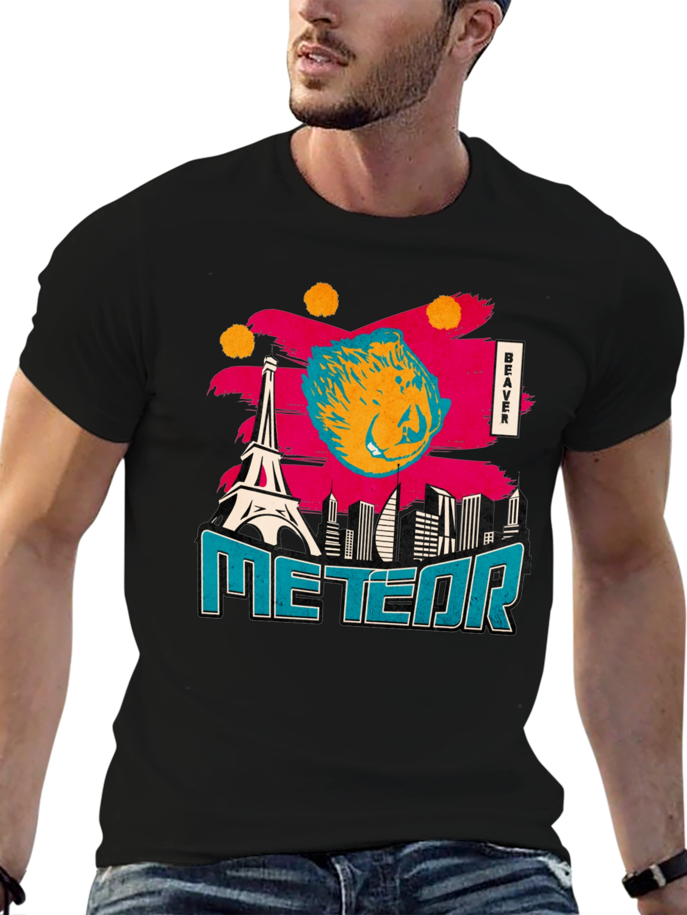 Black Beaver Meteor T-Shirt: Quirky Graphic Tee for Everyday Style view 6