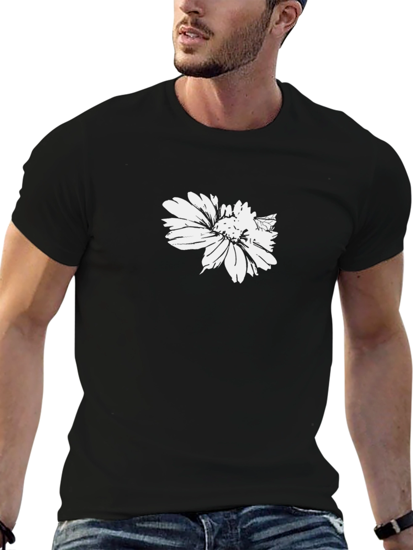 Black Black T-Shirt with White Flower Graphic view 6