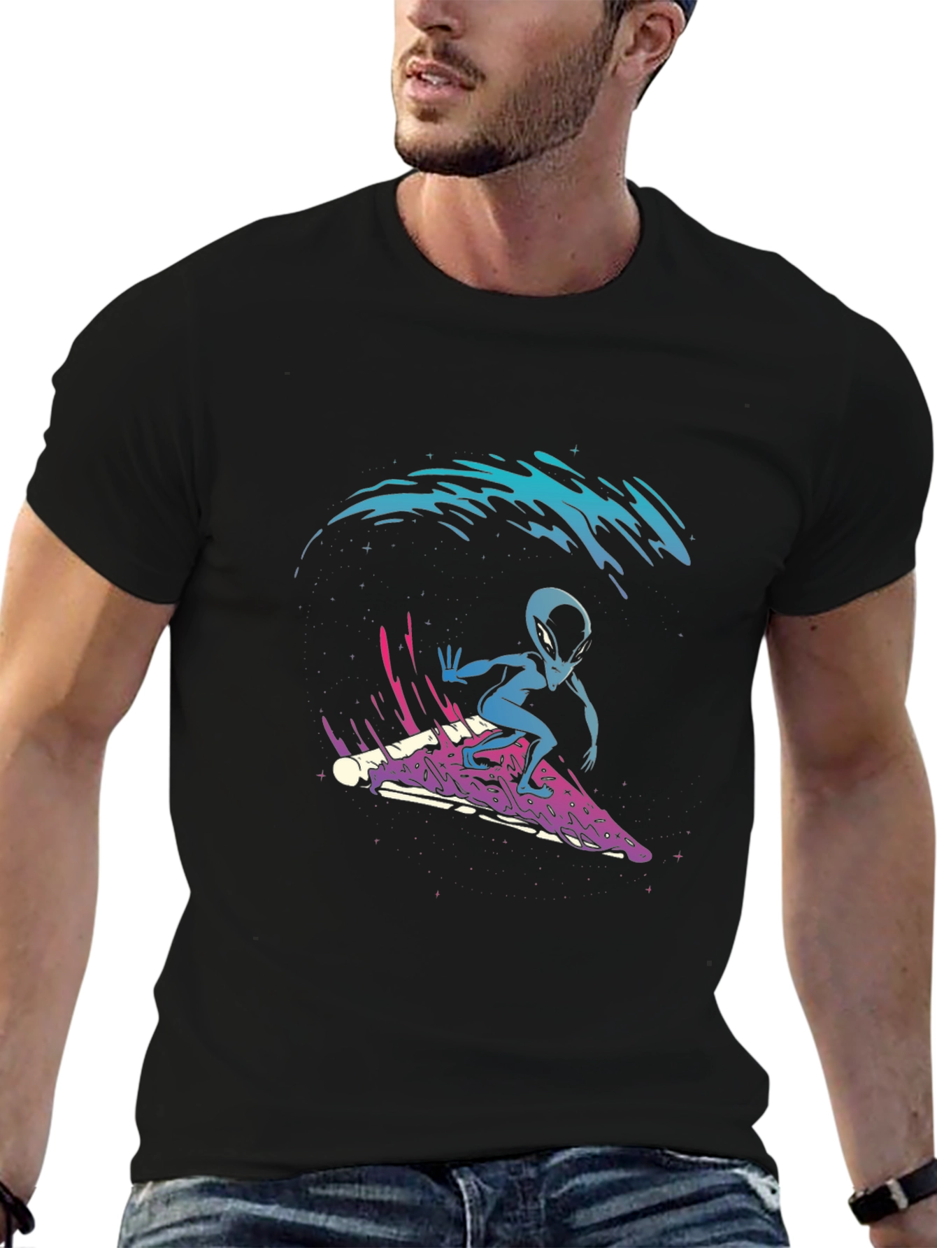 Black Alien Pizza Surfer Graphic Tee view 6
