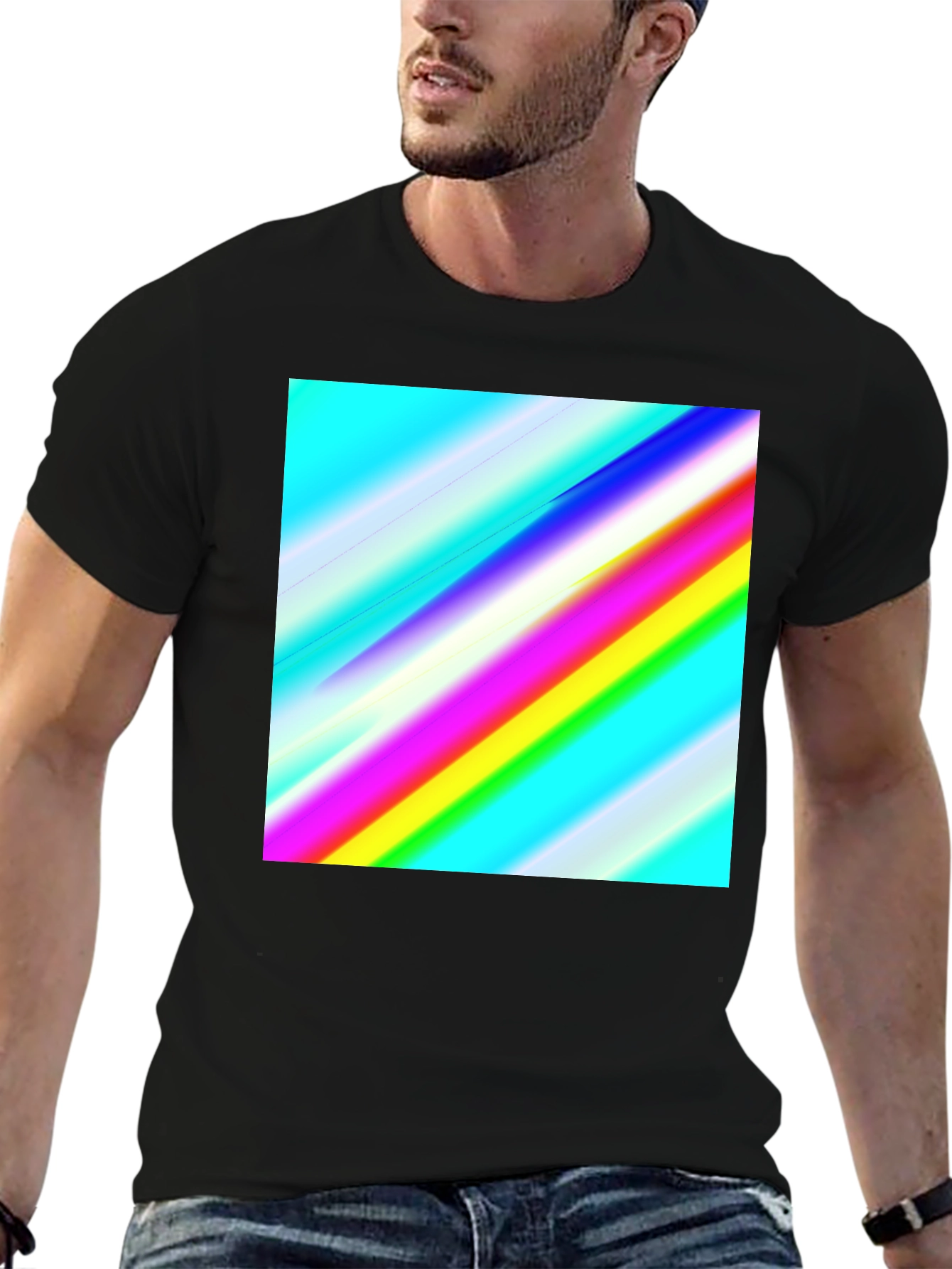 Black Rainbow Stripe Graphic Tee - Men's Casual Black T-Shirt view 6
