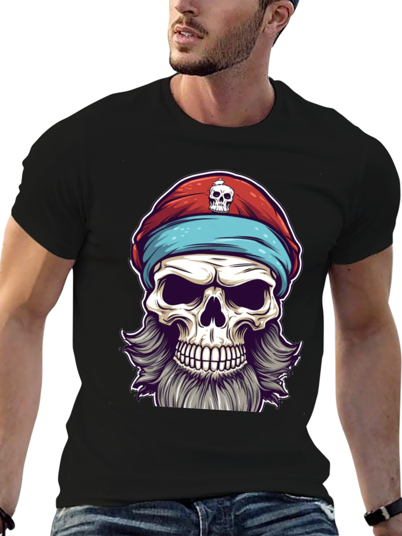 Black Skull Pirate Graphic Tee - Black Cotton T-Shirt view 6