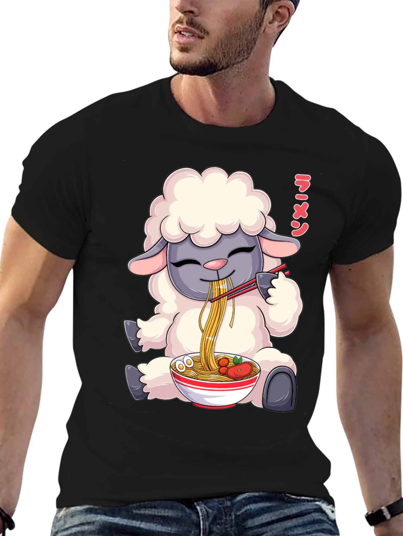 Black Ramen Loving Sheep T-Shirt view 6