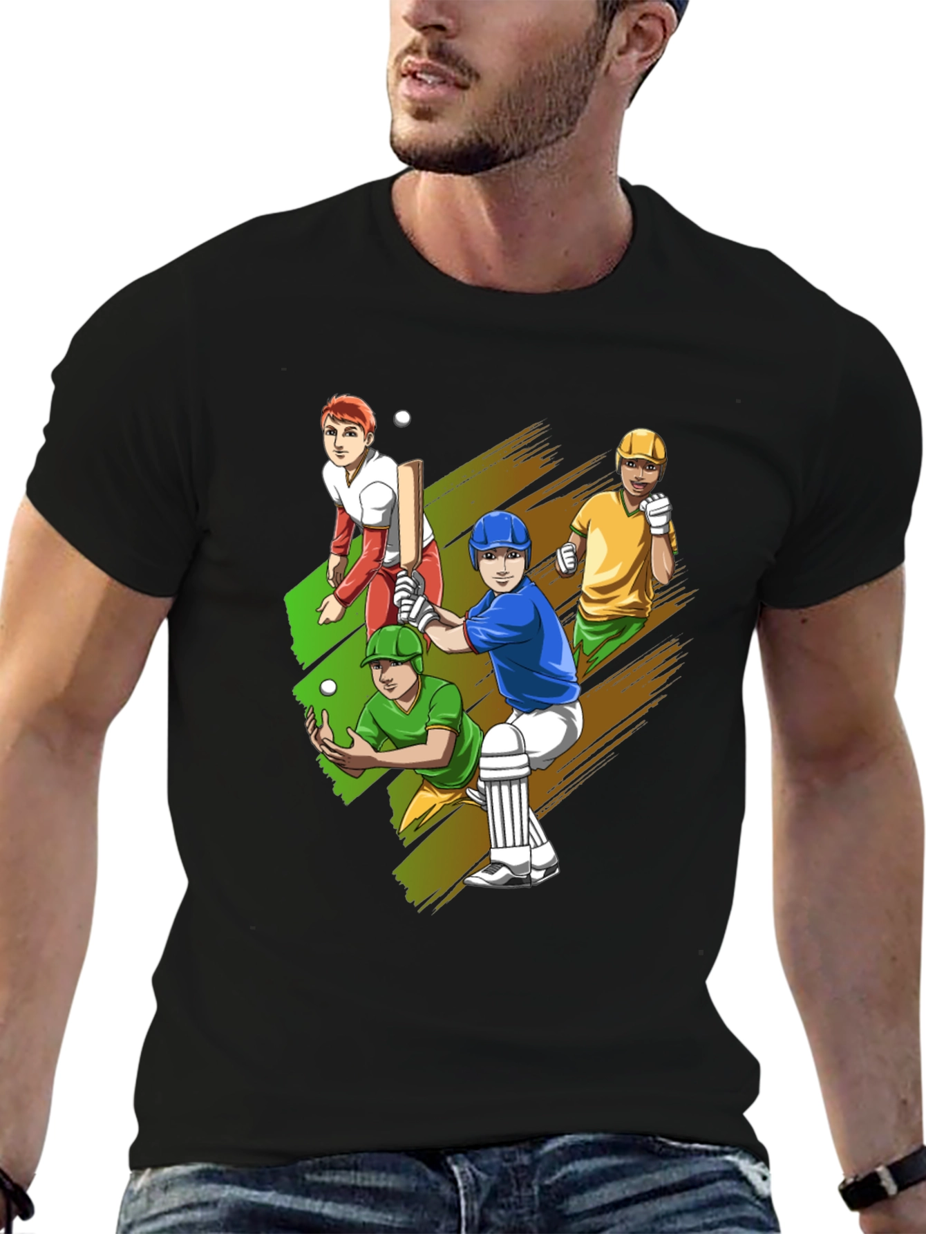 Black Cricket Player Graphic Tee - Black Cotton T-Shirt view 6