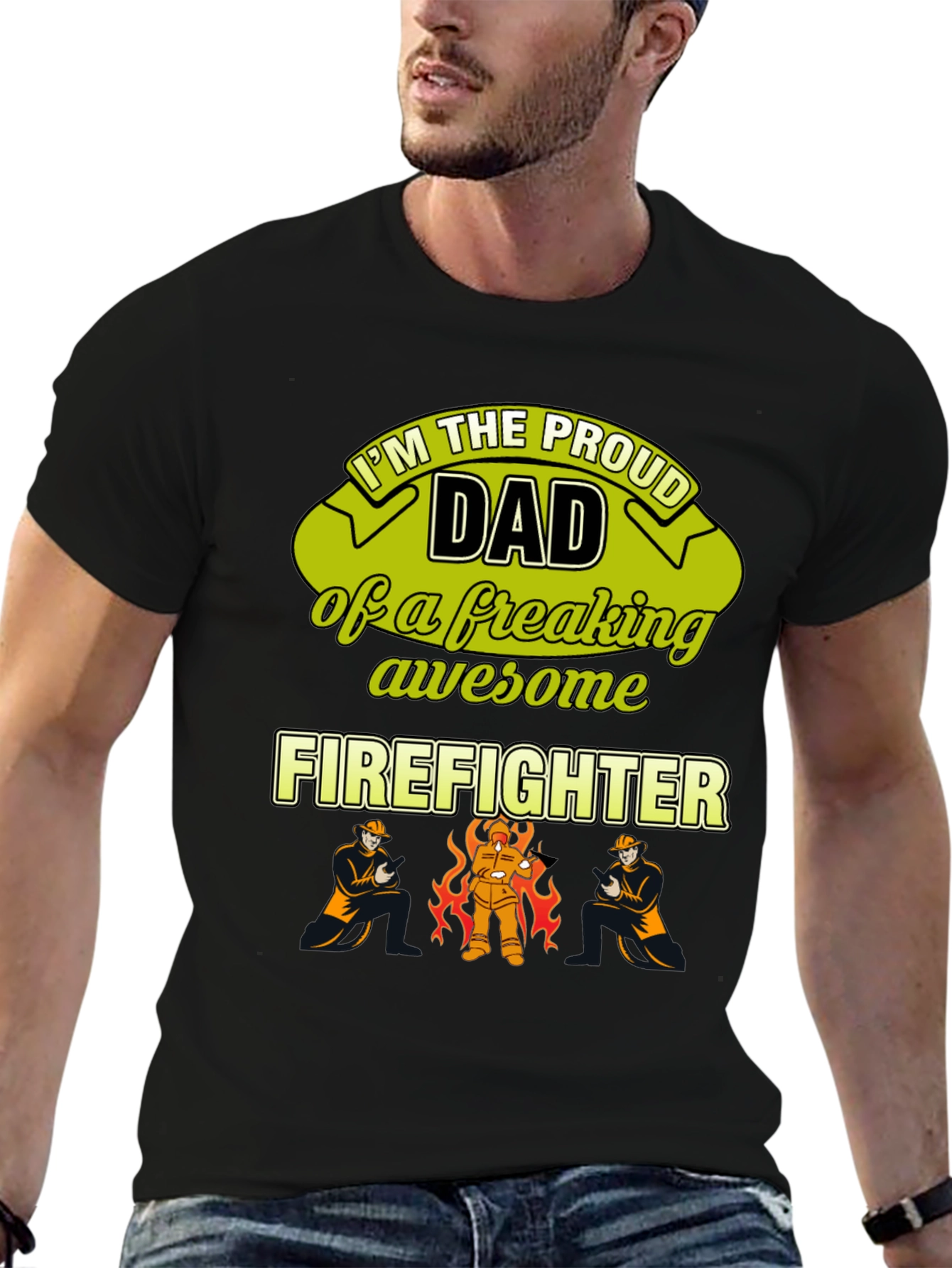 Black Proud Firefighter Dad T-Shirt view 6