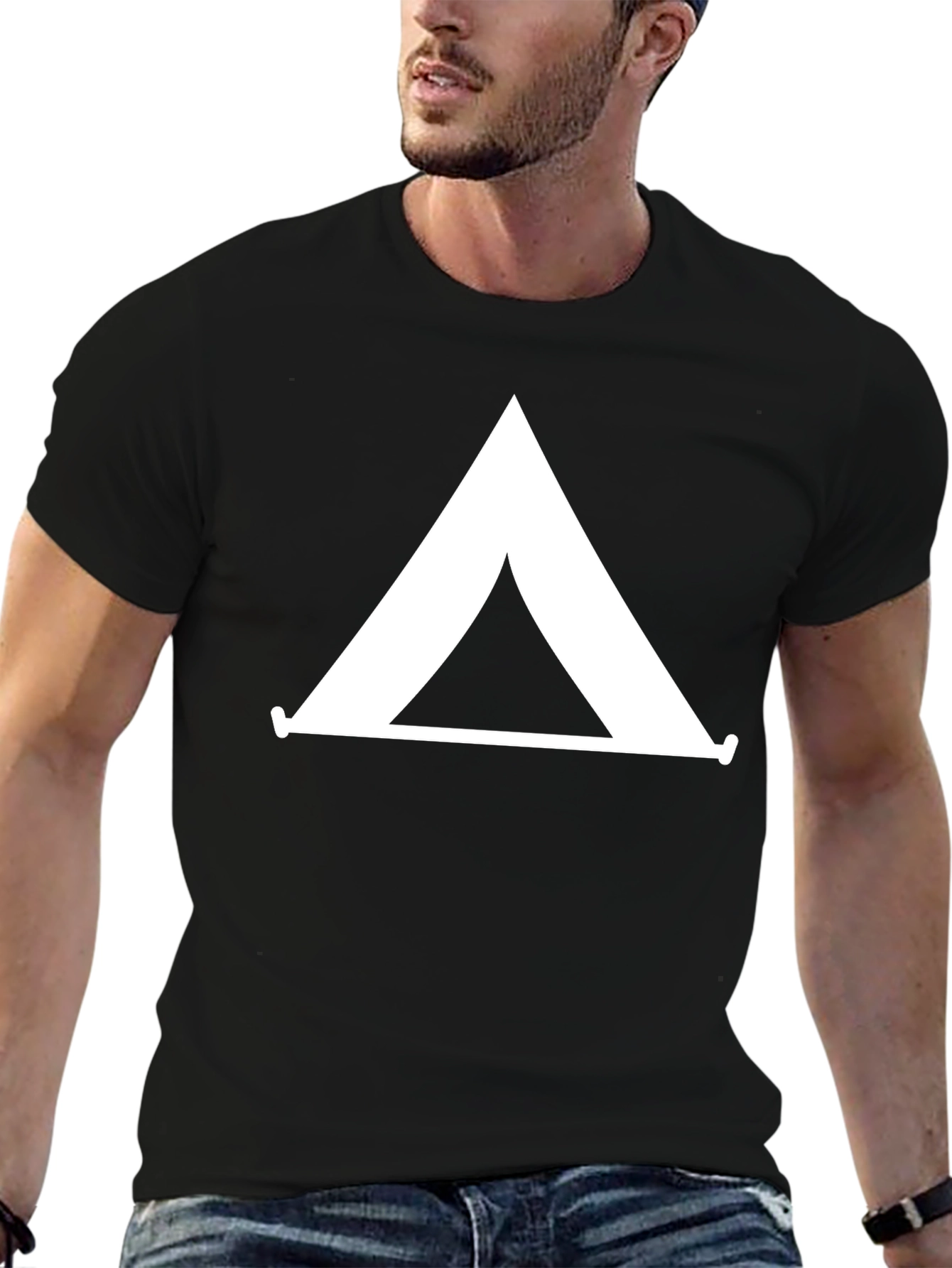 Black Minimalist Camping Tent Graphic Tee - Black Cotton T-Shirt view 6