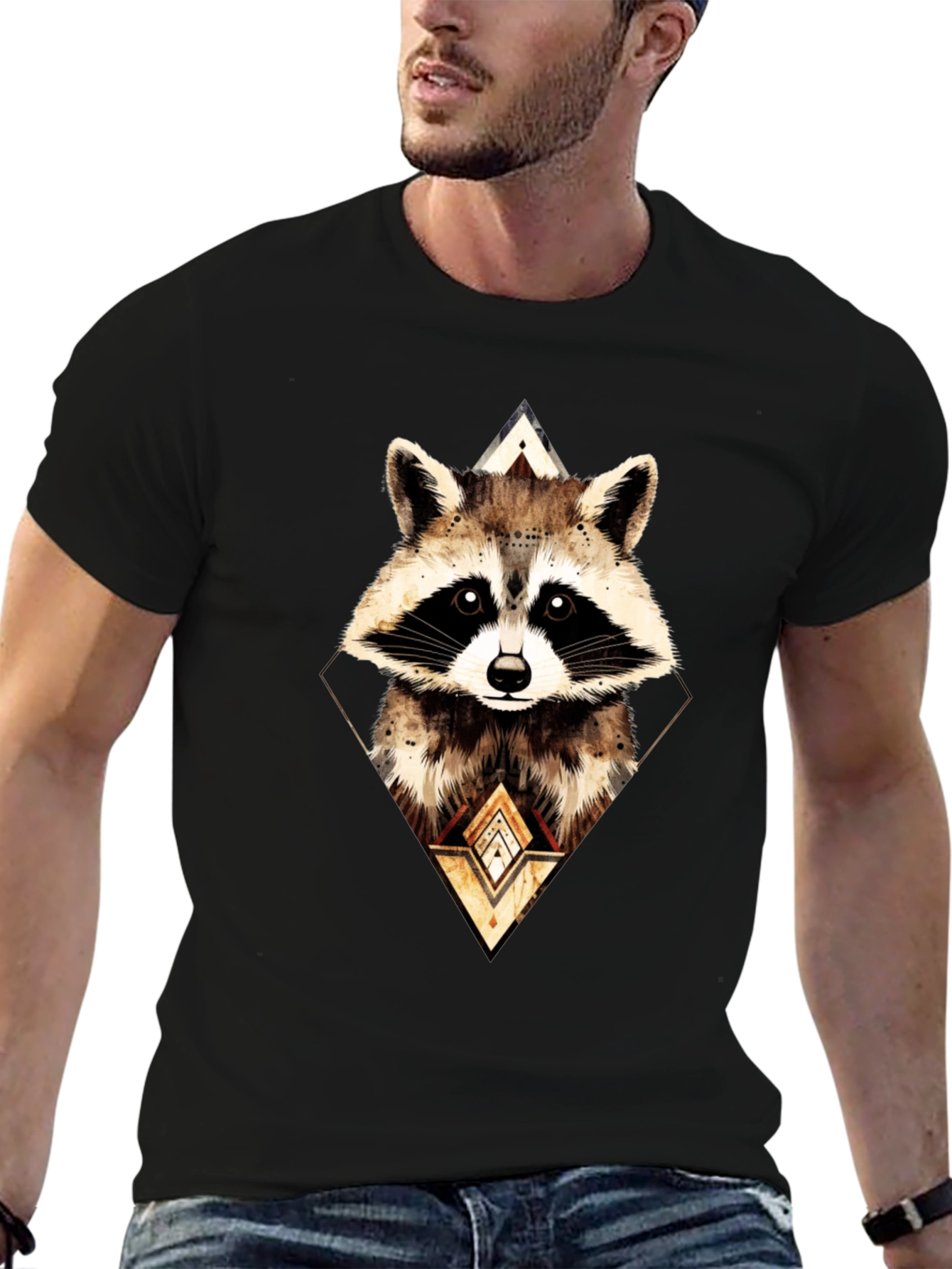 Black Geometric Raccoon Graphic Tee - Black view 6