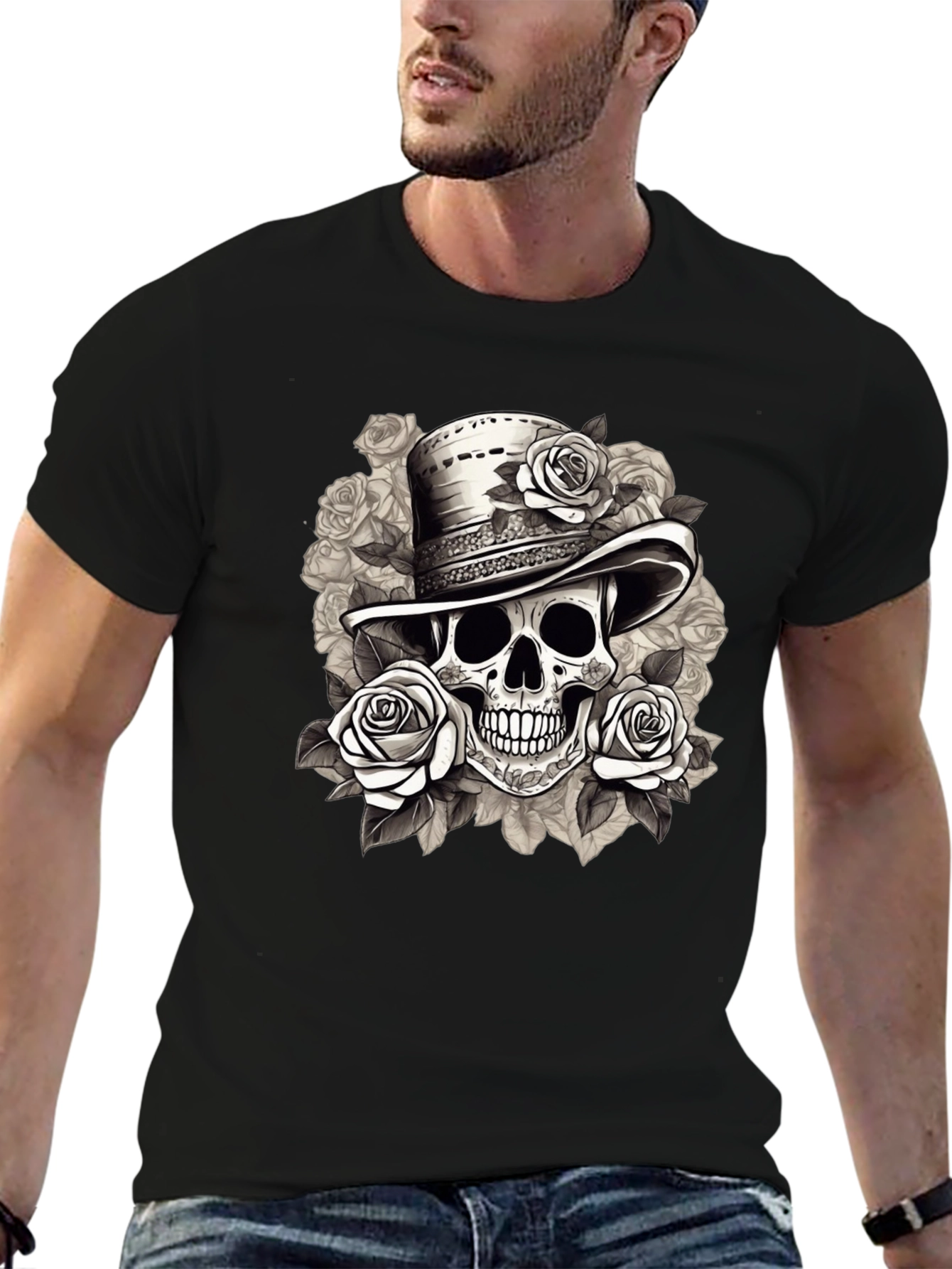 Black Skull & Roses Graphic Tee - Stylish Men's T-Shirt view 6