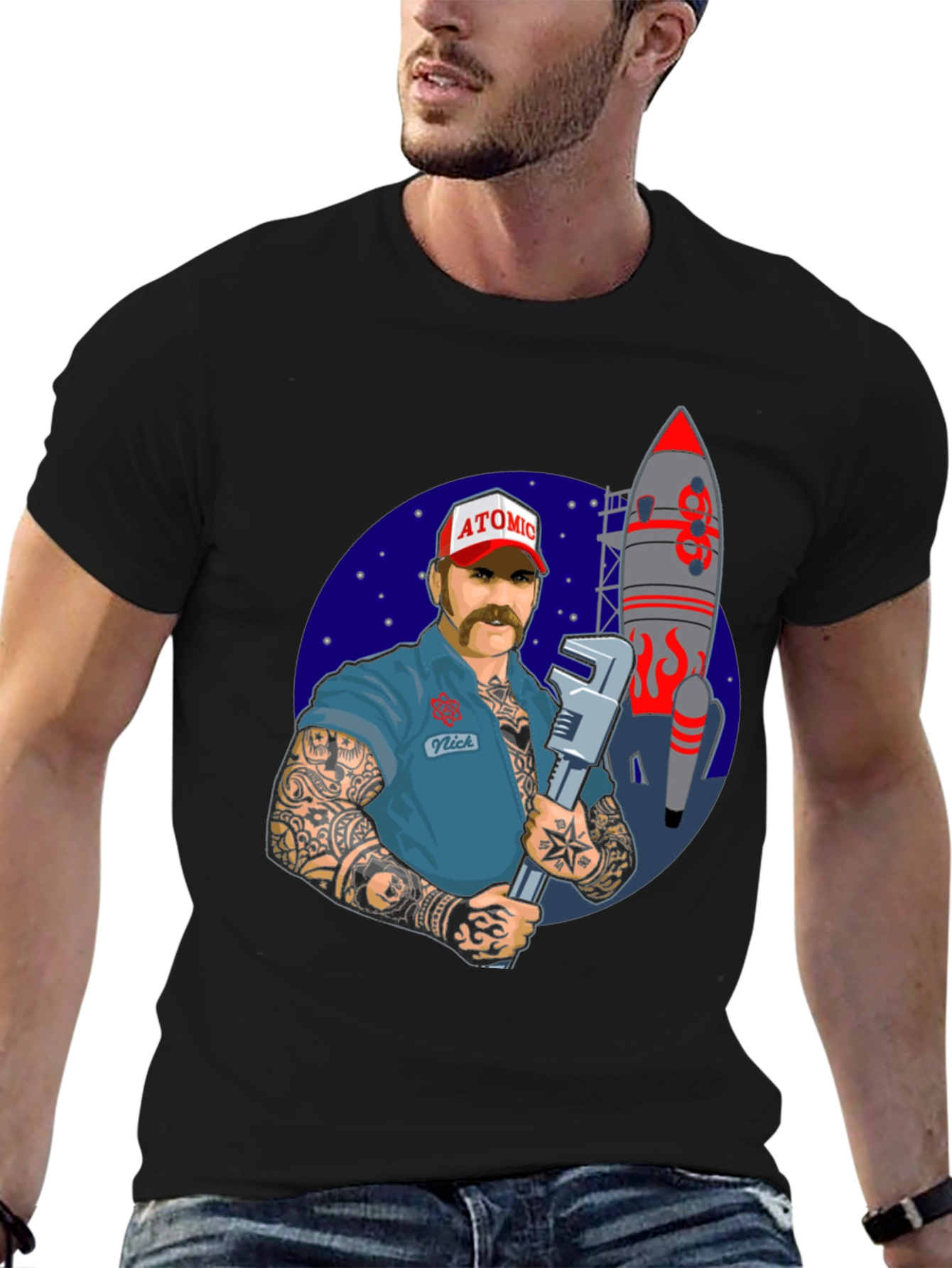 Black Atomic Mechanic Rocket T-Shirt view 6