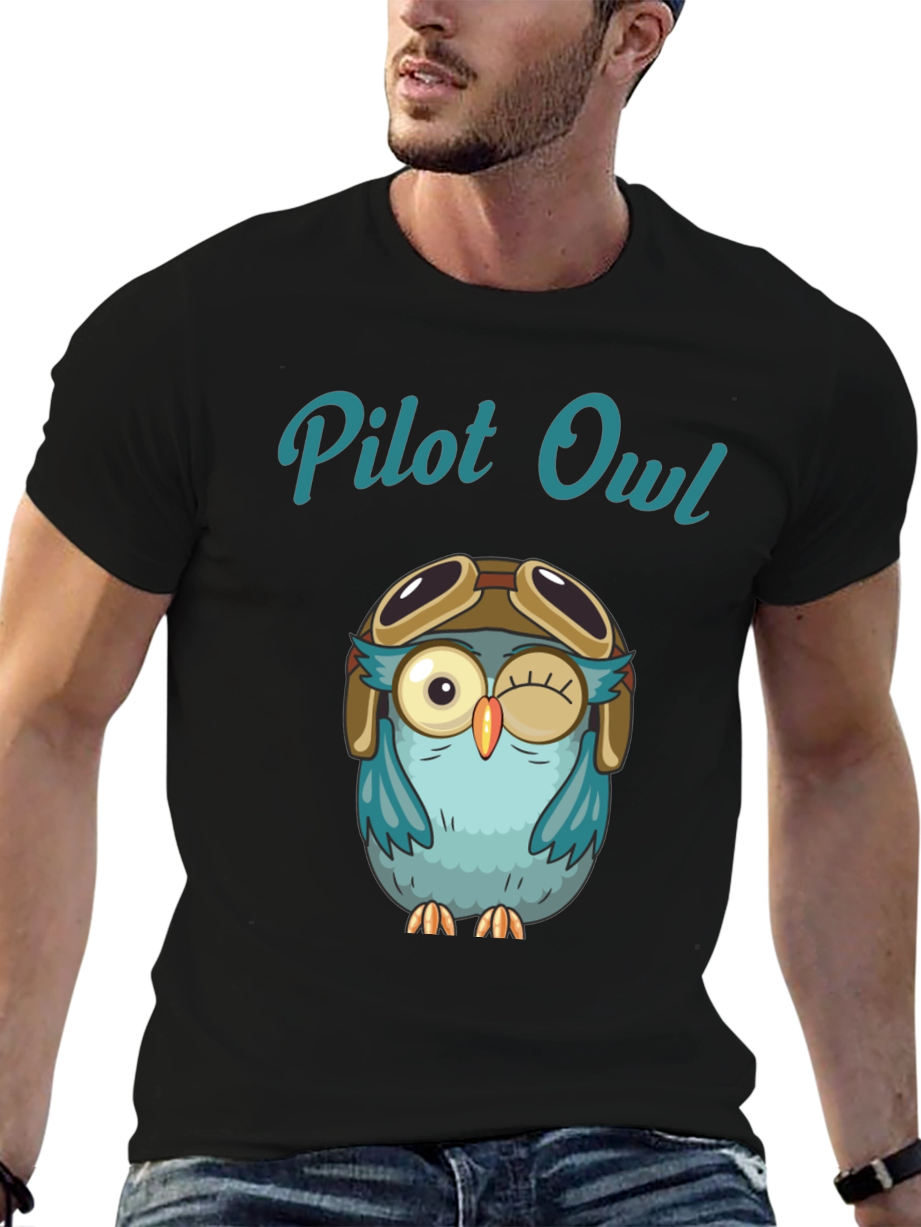 Black Pilot Owl Graphic T-Shirt - Soft Cotton Crew Neck Tee view 6