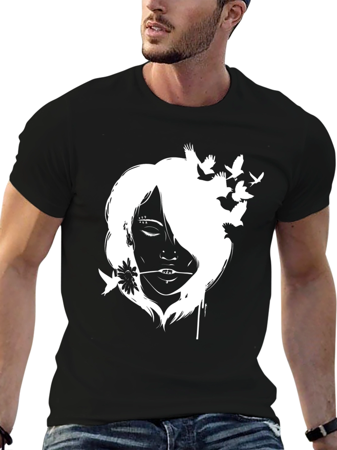 Black Black T-Shirt with White Girl and Bird Design view 6