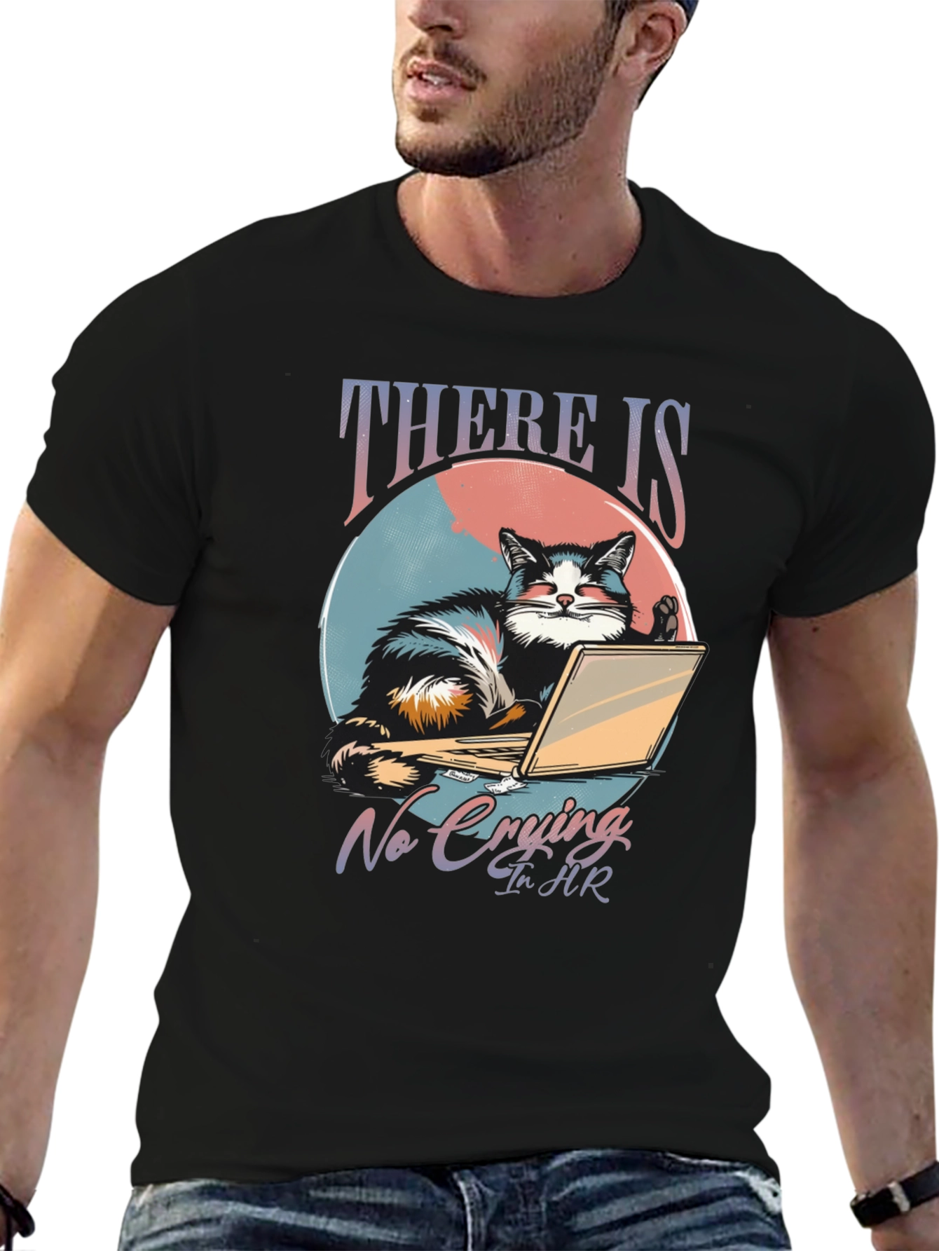 Black There Is No Crying In HR Cat T-Shirt view 6