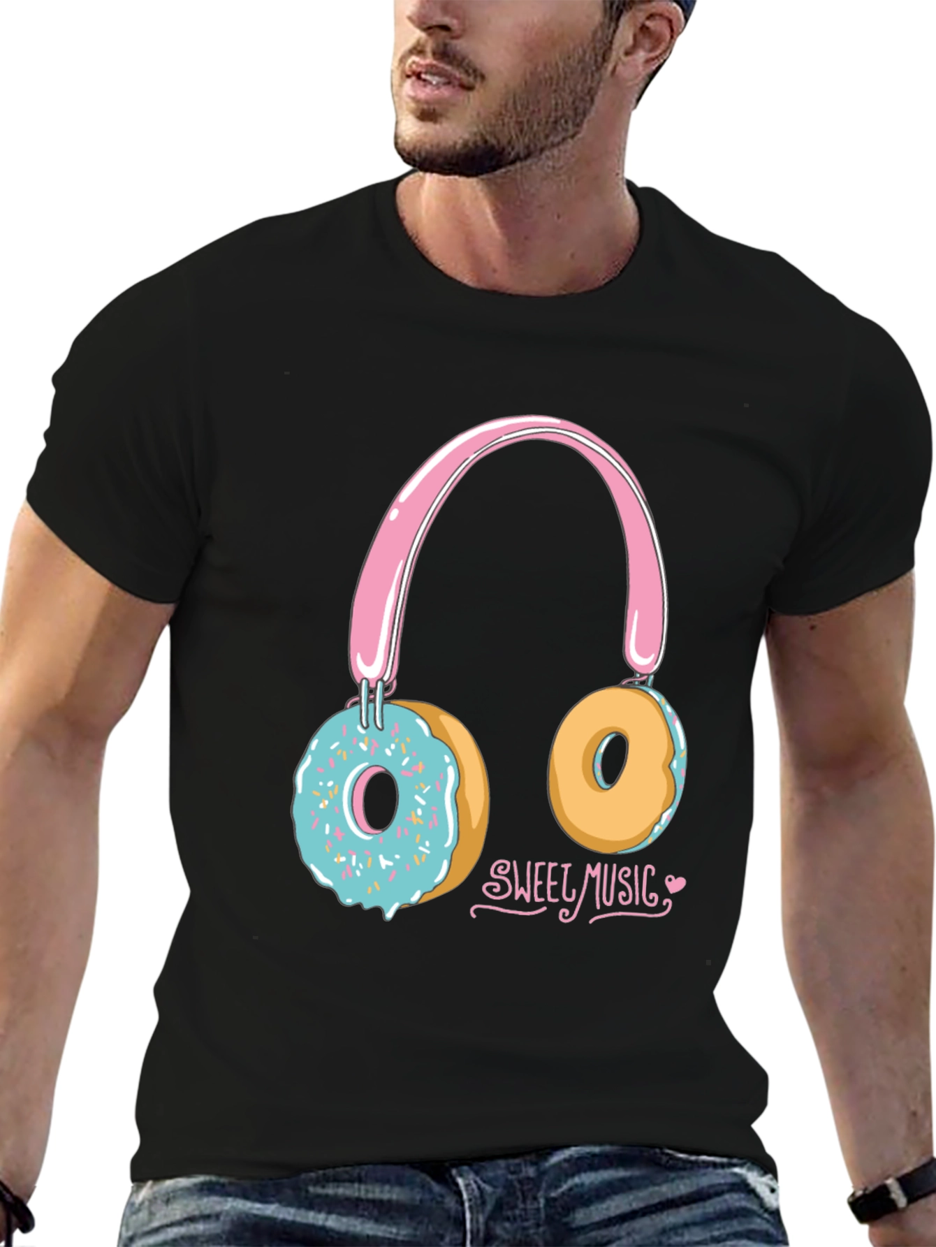 Black Sweet Music Donut Headphone Graphic Tee - Black view 6