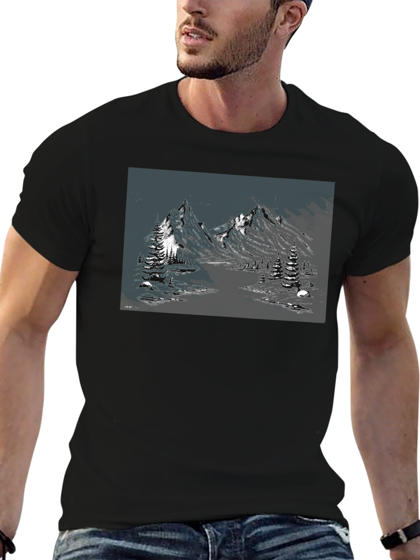 Black Mountain Landscape Graphic Tee - Black Cotton Blend view 6
