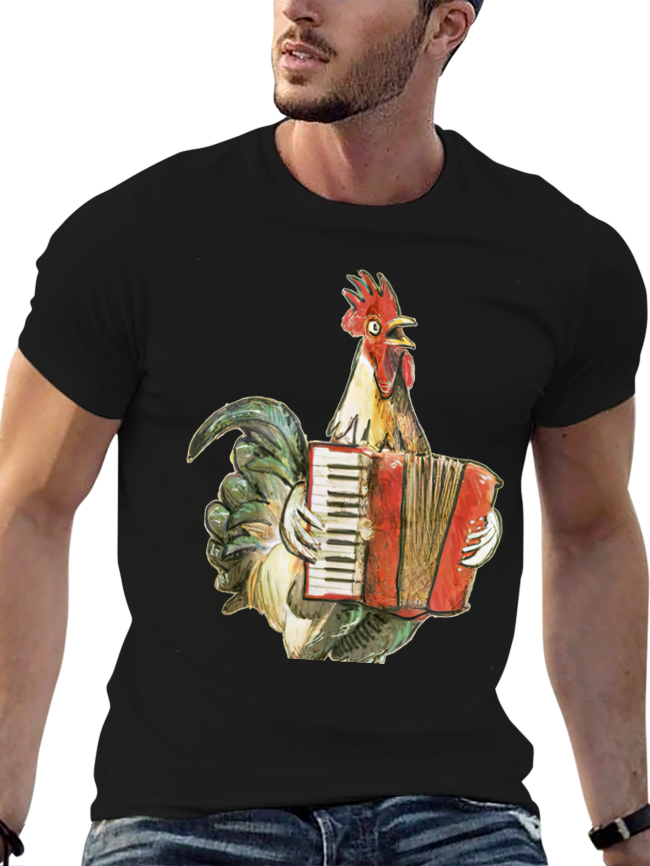 Black Funny Rooster Accordion T-Shirt - Novelty Tee view 6