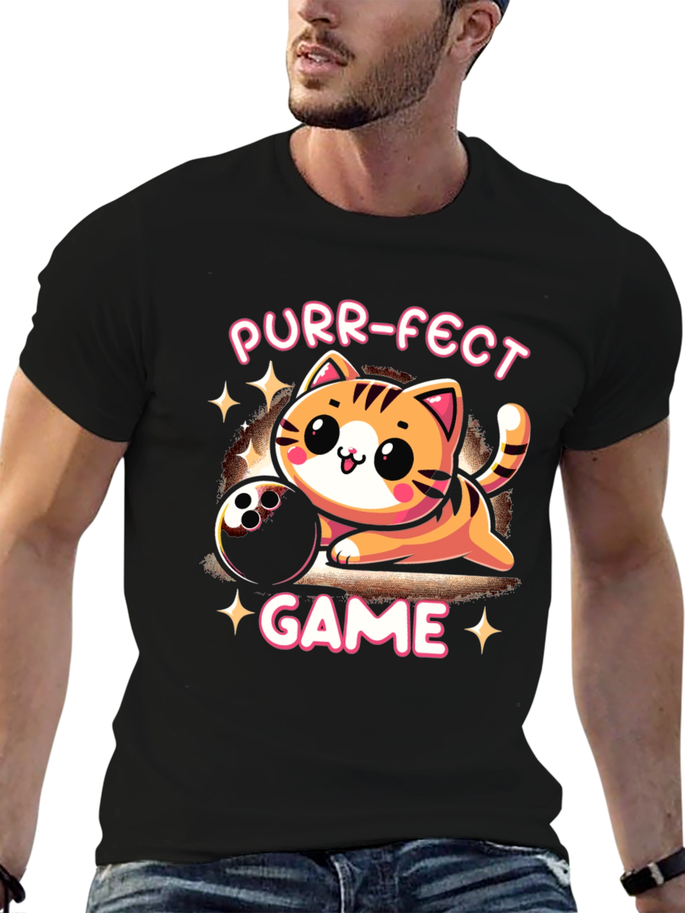Black Purr-fect Game T-Shirt: Bowling Cat Tee view 6