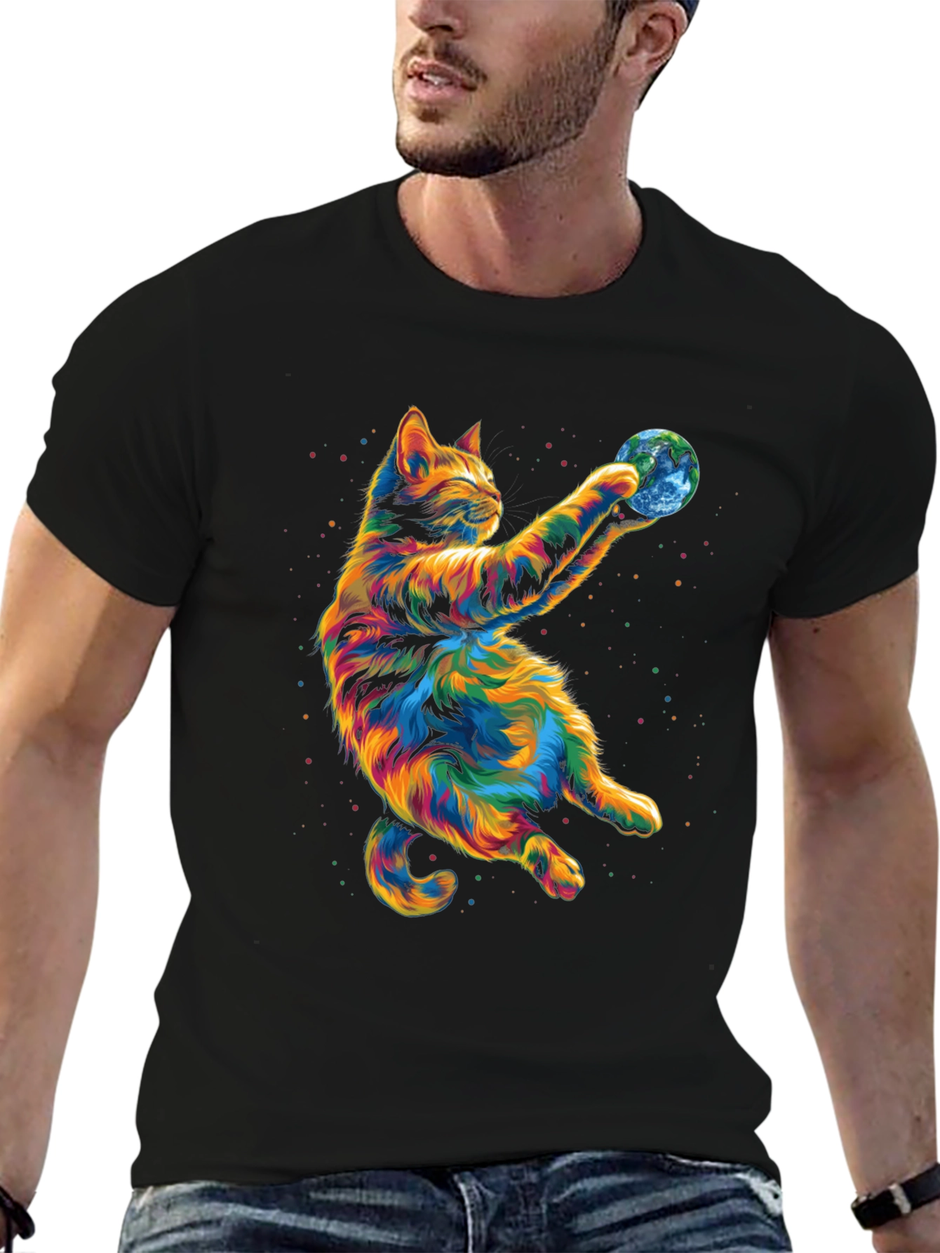 Black Colorful Cat Earth Graphic Tee view 6