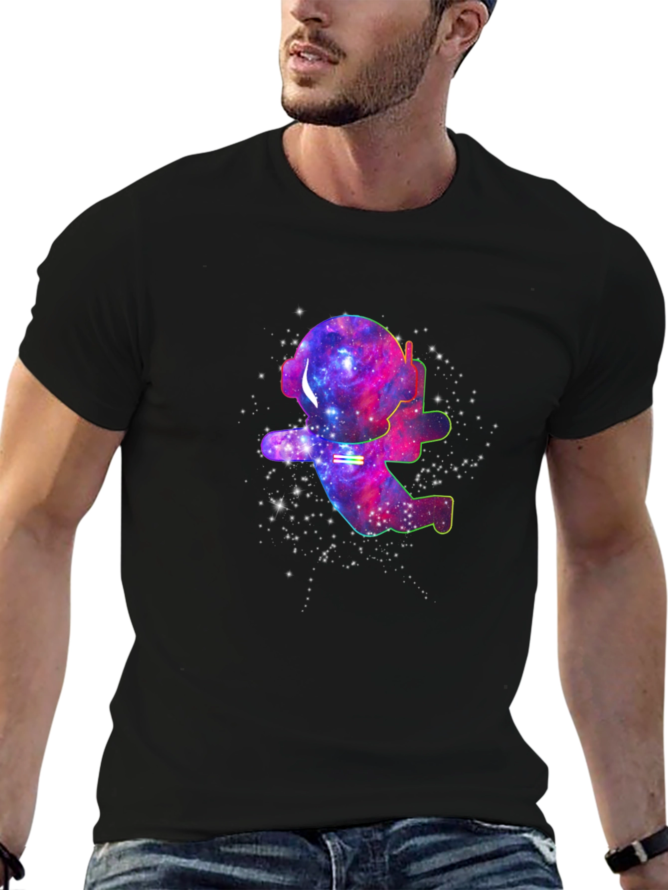 Black Galaxy Astronaut T-Shirt - Black Cotton Space Tee view 6