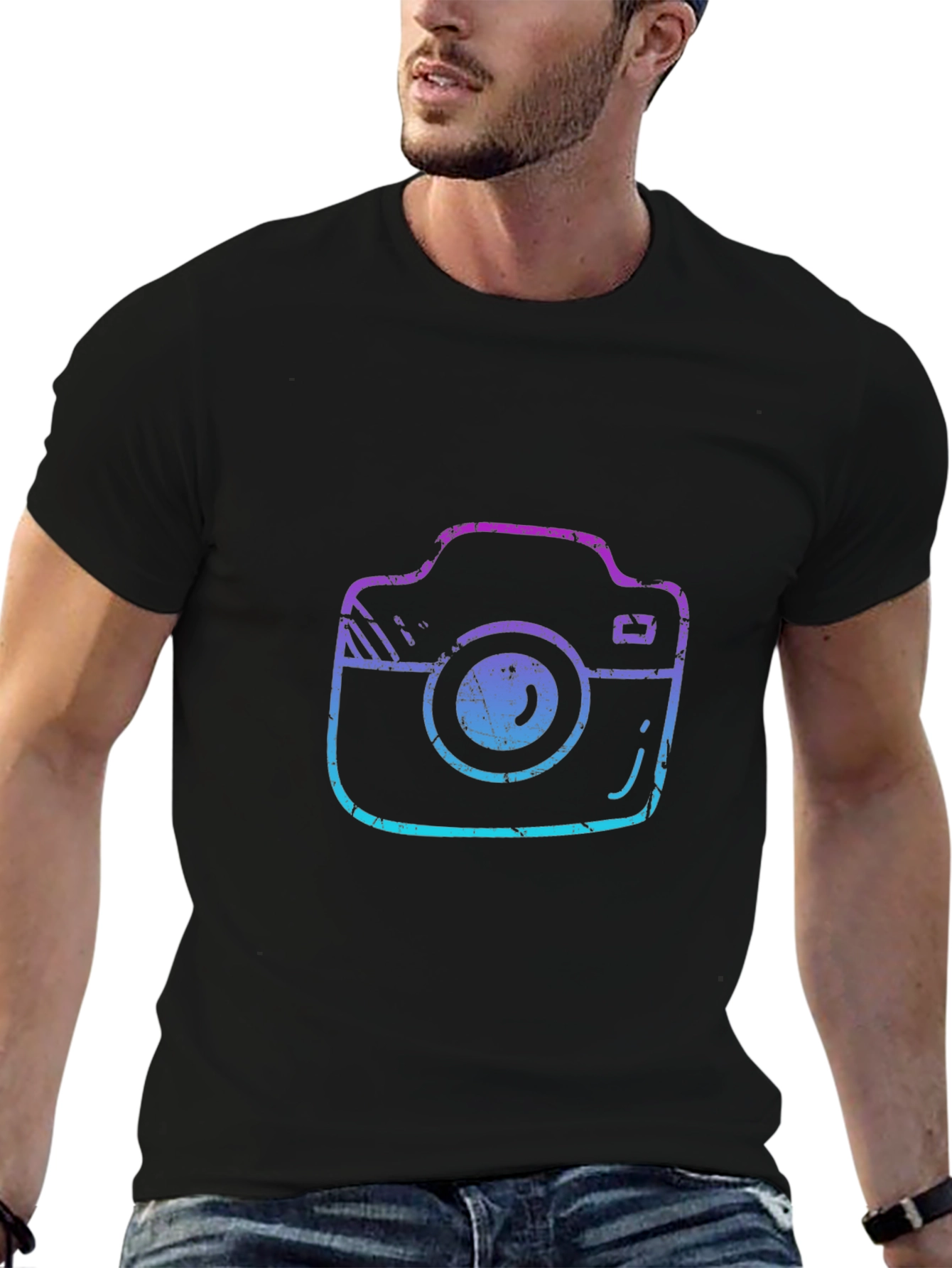 Black Retro Camera Graphic Tee - Black Cotton T-Shirt view 6