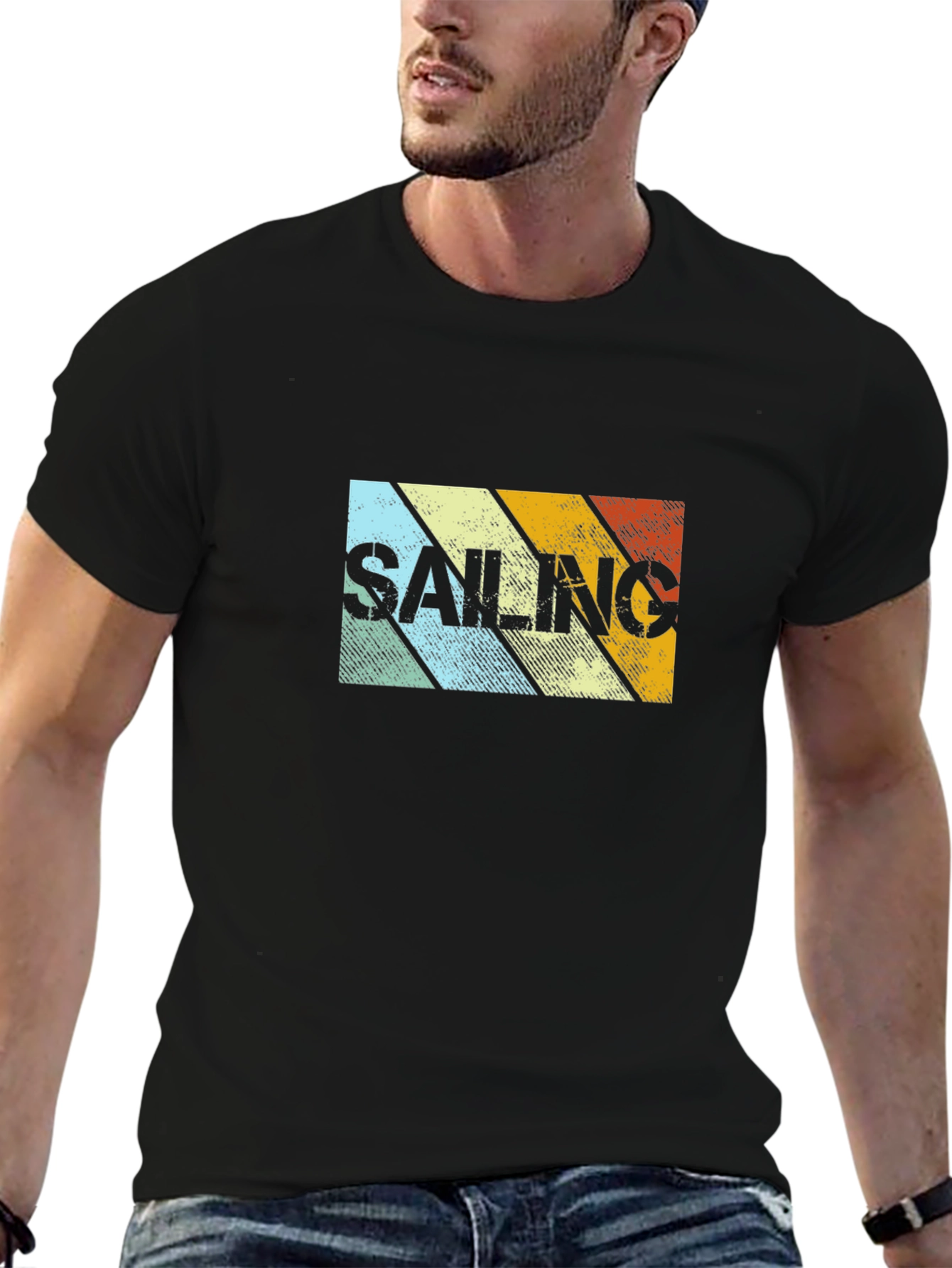 Black Retro Sailing Striped Graphic Tee view 6
