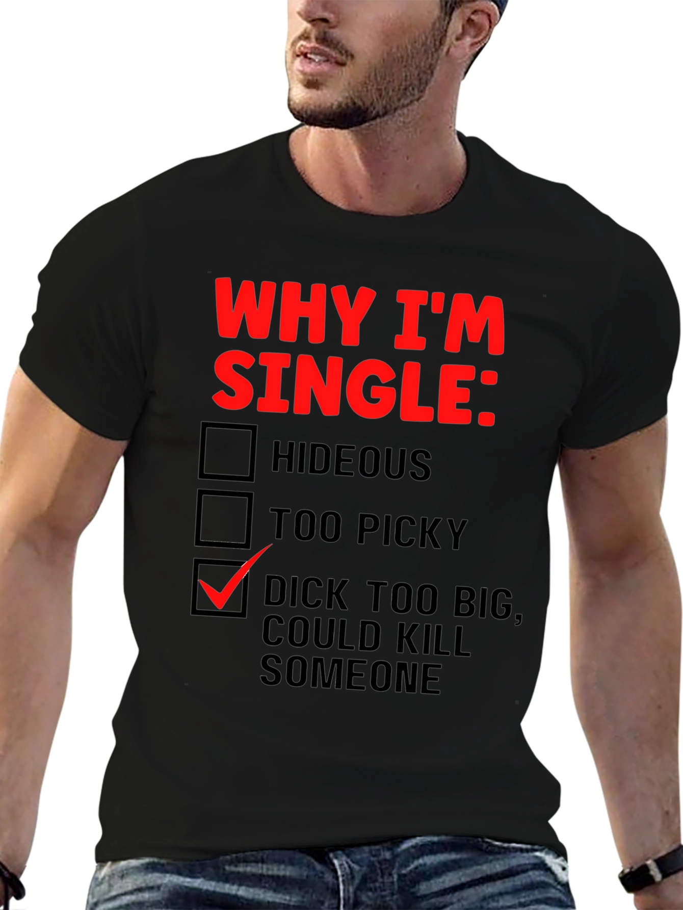Black Funny Novelty Graphic T-Shirt - Why I'm Single view 6