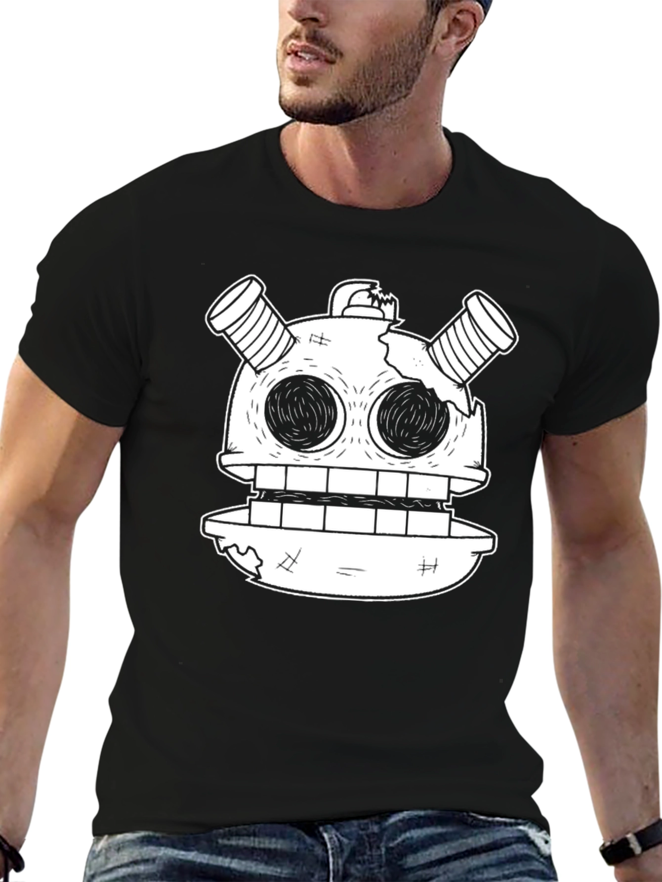 Black Robot Head Graphic Tee - Unique Cartoon Design view 6