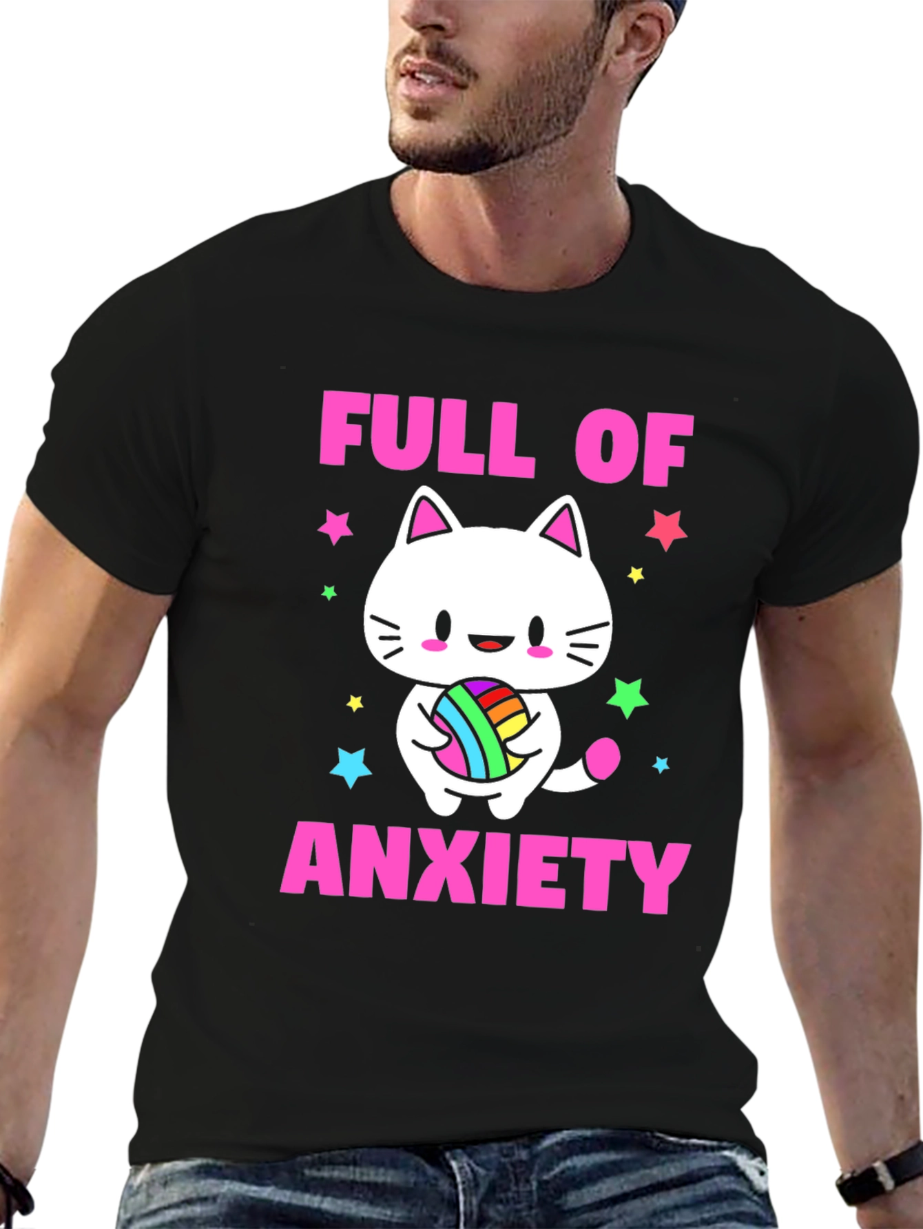 Black Full of Anxiety Cat T-Shirt view 6