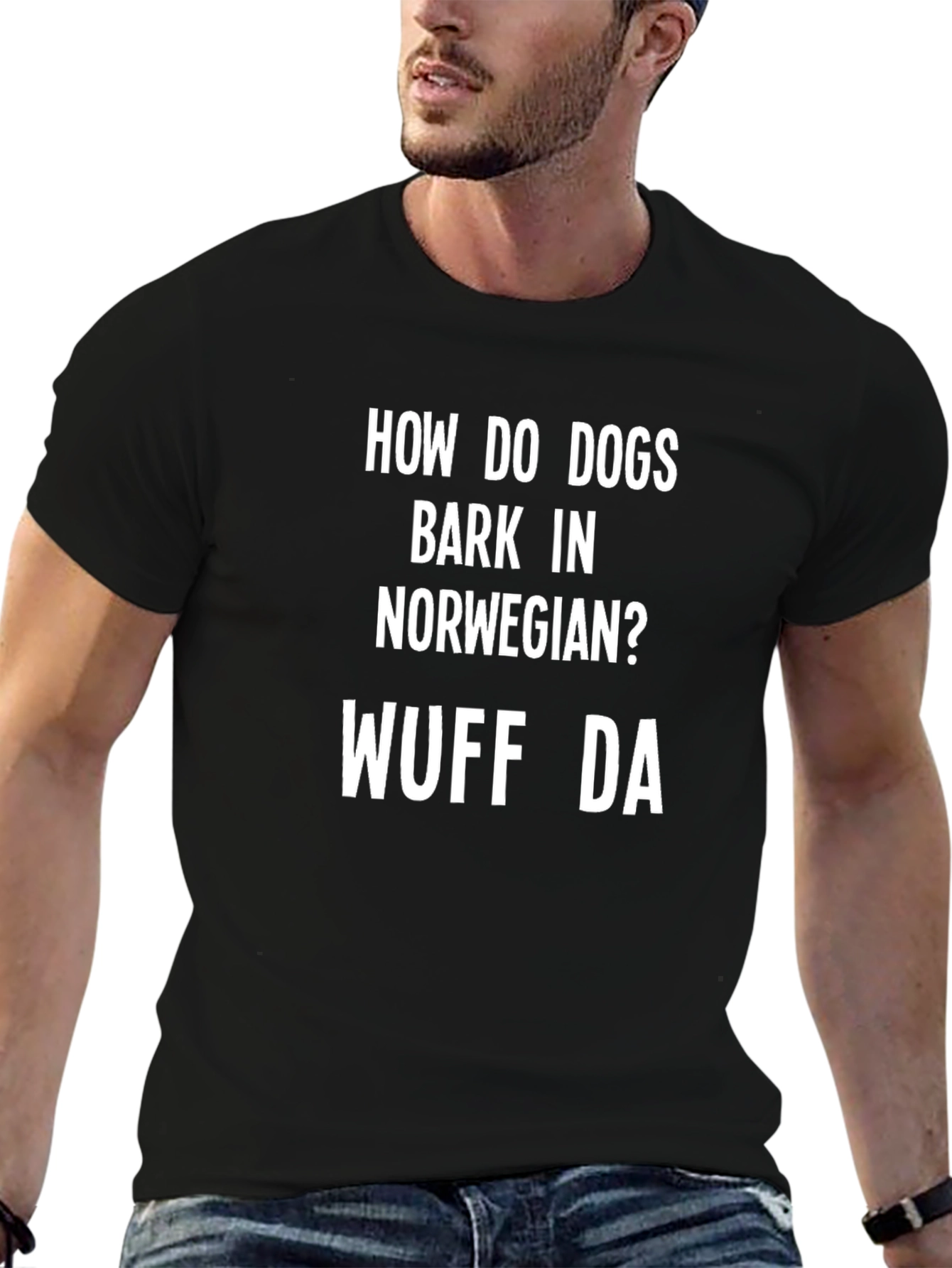 Black Funny Dog Barking in Norwegian T-Shirt - Wuff Da view 6