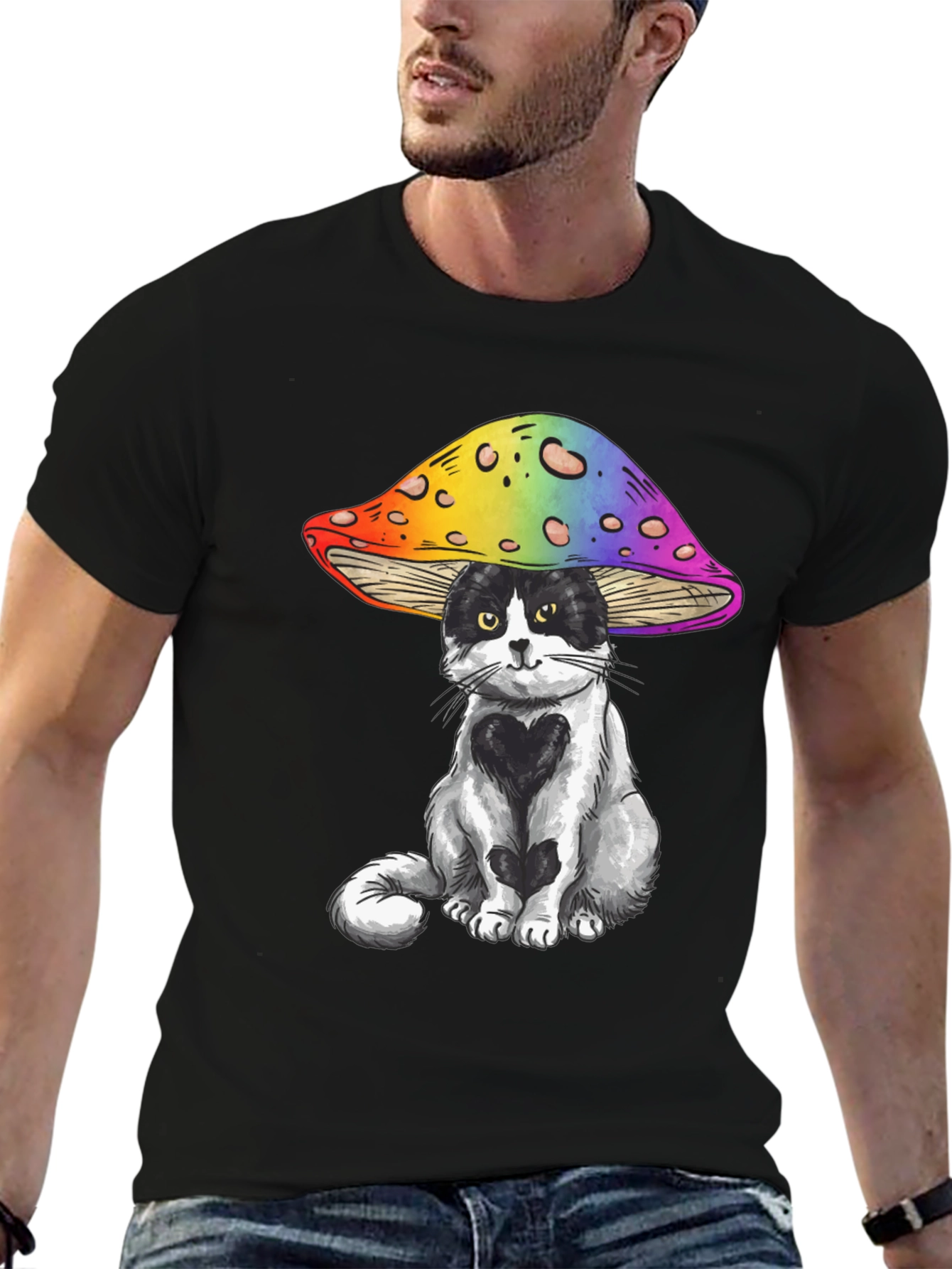 Black Cat Under Mushroom Graphic T-Shirt view 6