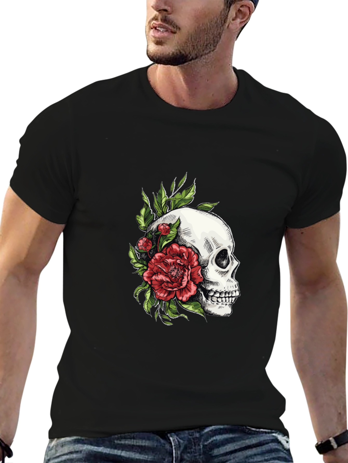 Black Skull & Rose Graphic T-Shirt - Edgy Style view 6