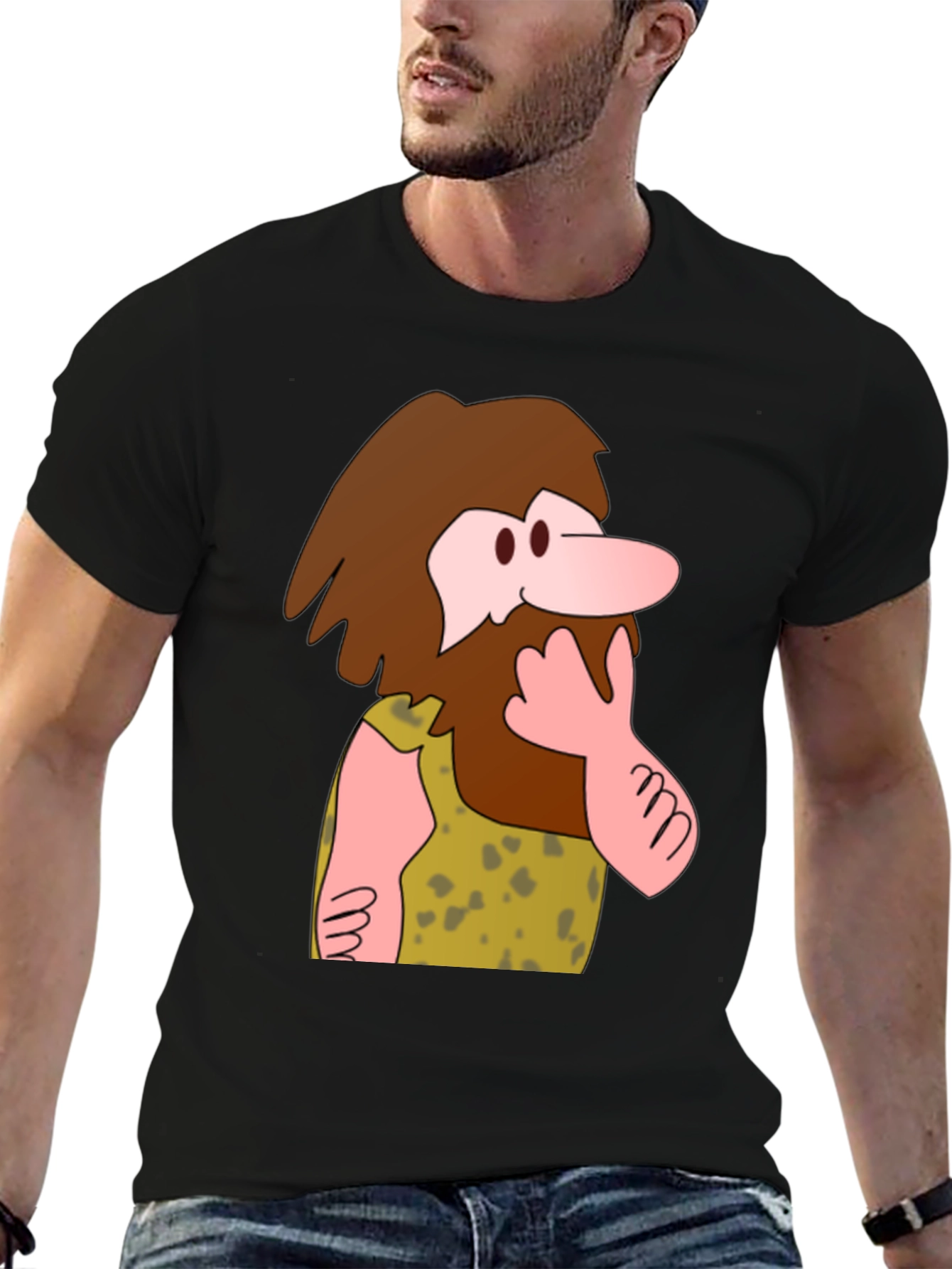 Black Funny Cartoon Caveman Graphic T-Shirt view 6