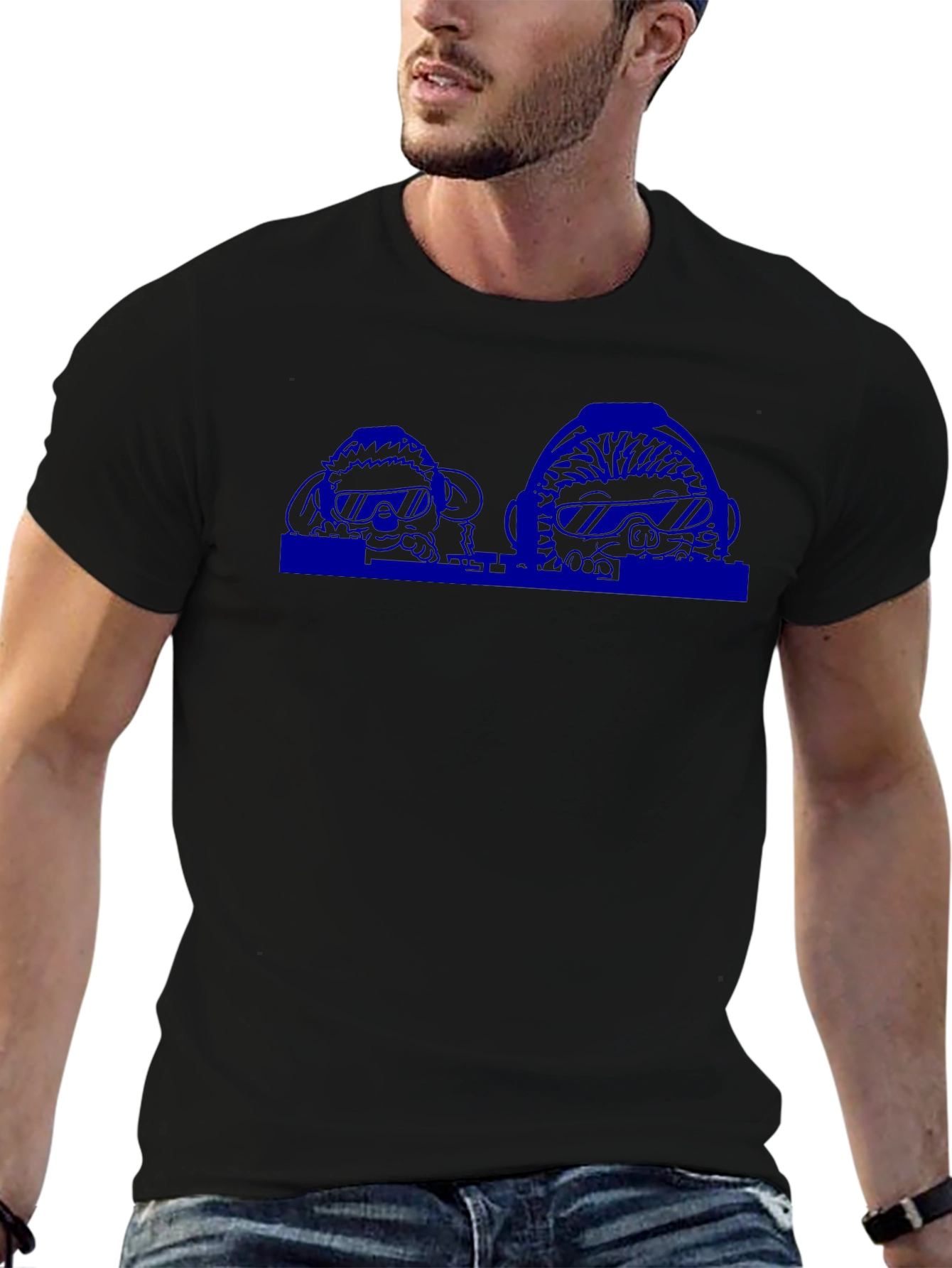Black Men's Black T-Shirt with Blue Graphic Print view 6