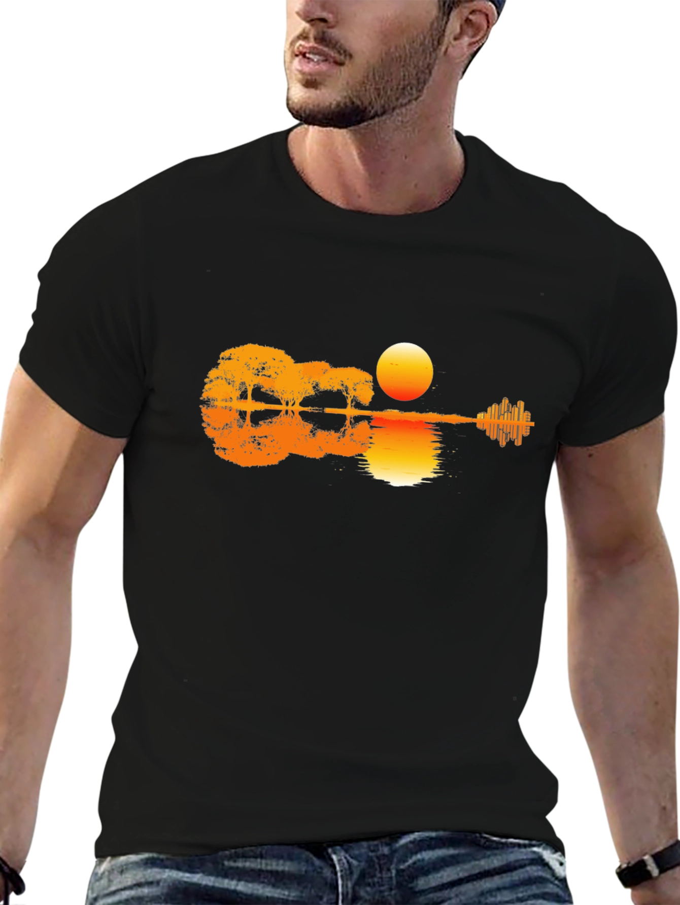 Black Sunset Guitar T-Shirt - Music & Nature Design view 6