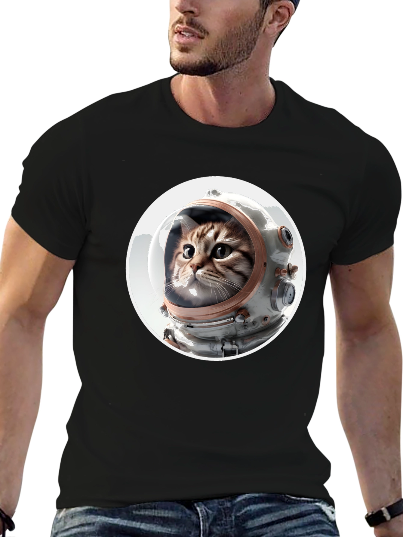 Black Astronaut Cat Graphic Tee - Unisex Black T-Shirt view 6