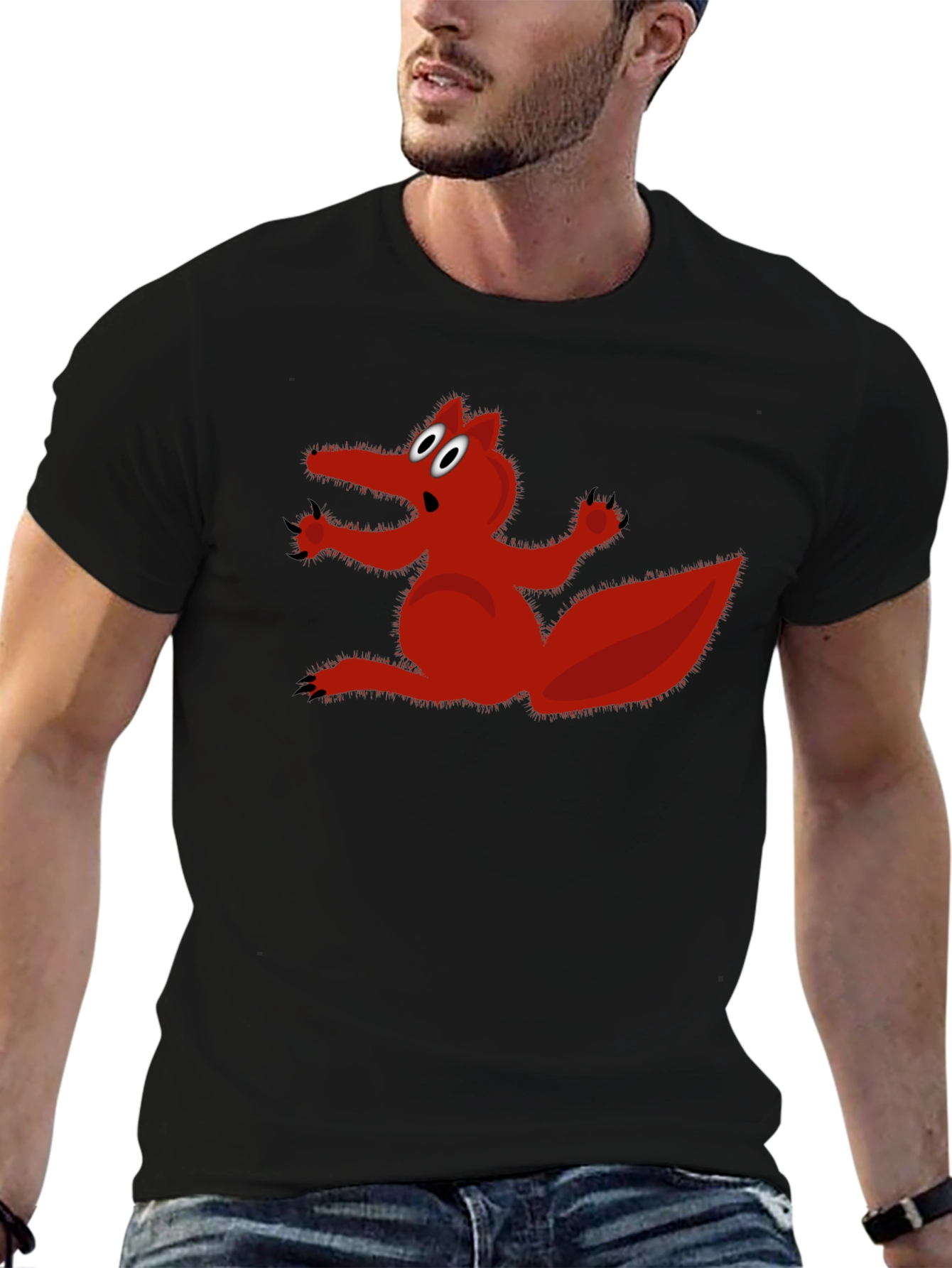 Black Cartoon Fox Graphic Tee - Black Casual T-Shirt view 6