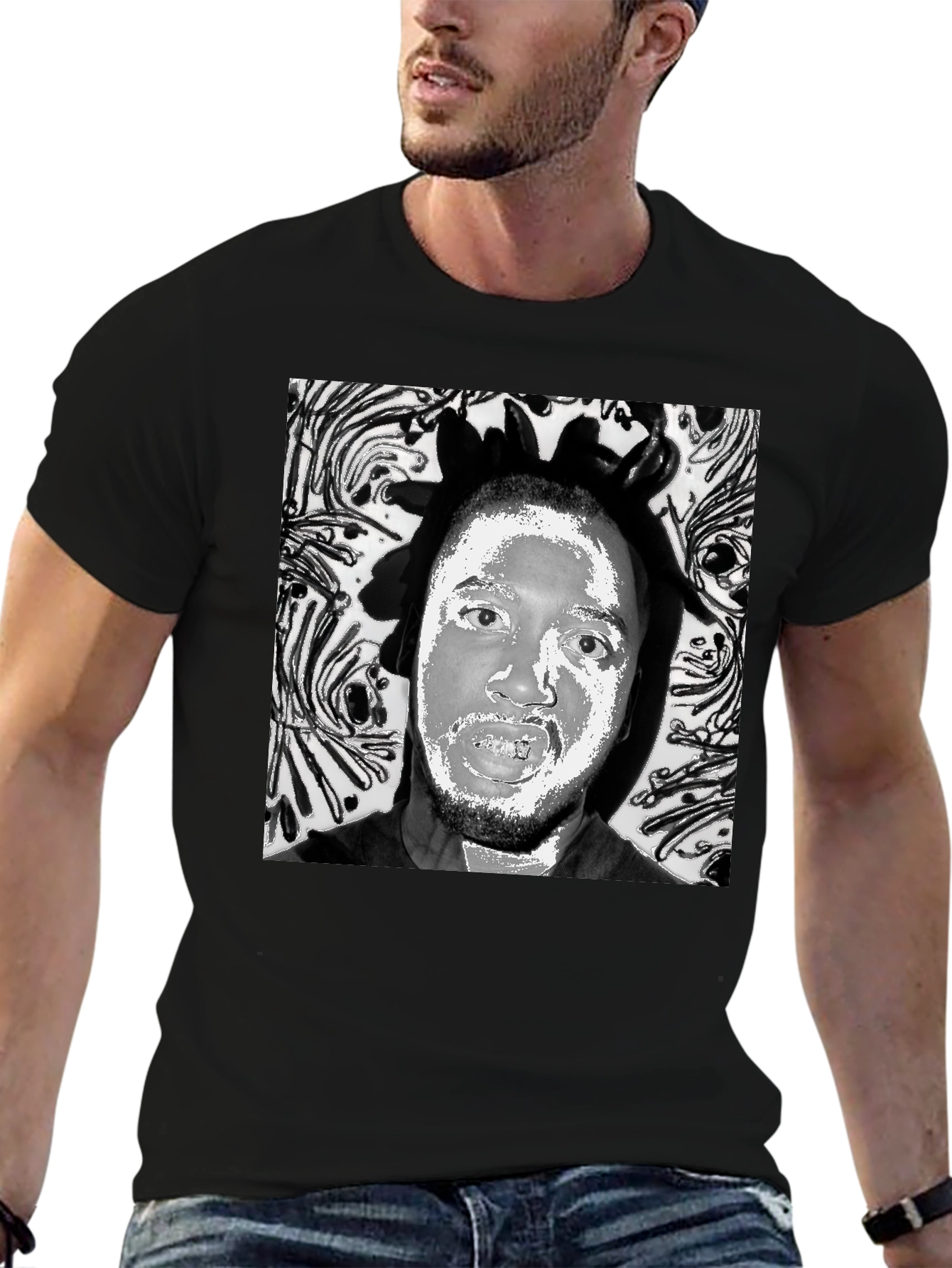 Black Black T-Shirt with Artistic Face Graphic view 6