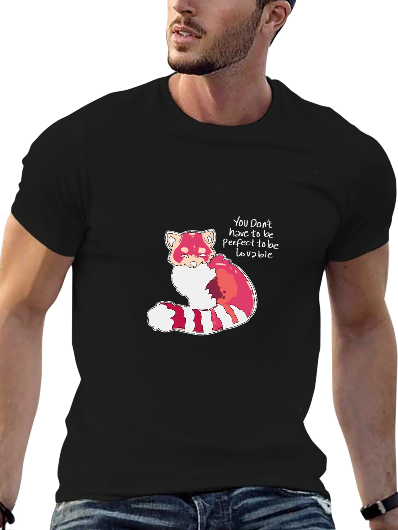 Black Red Panda 'Lovable' Black T-Shirt view 6