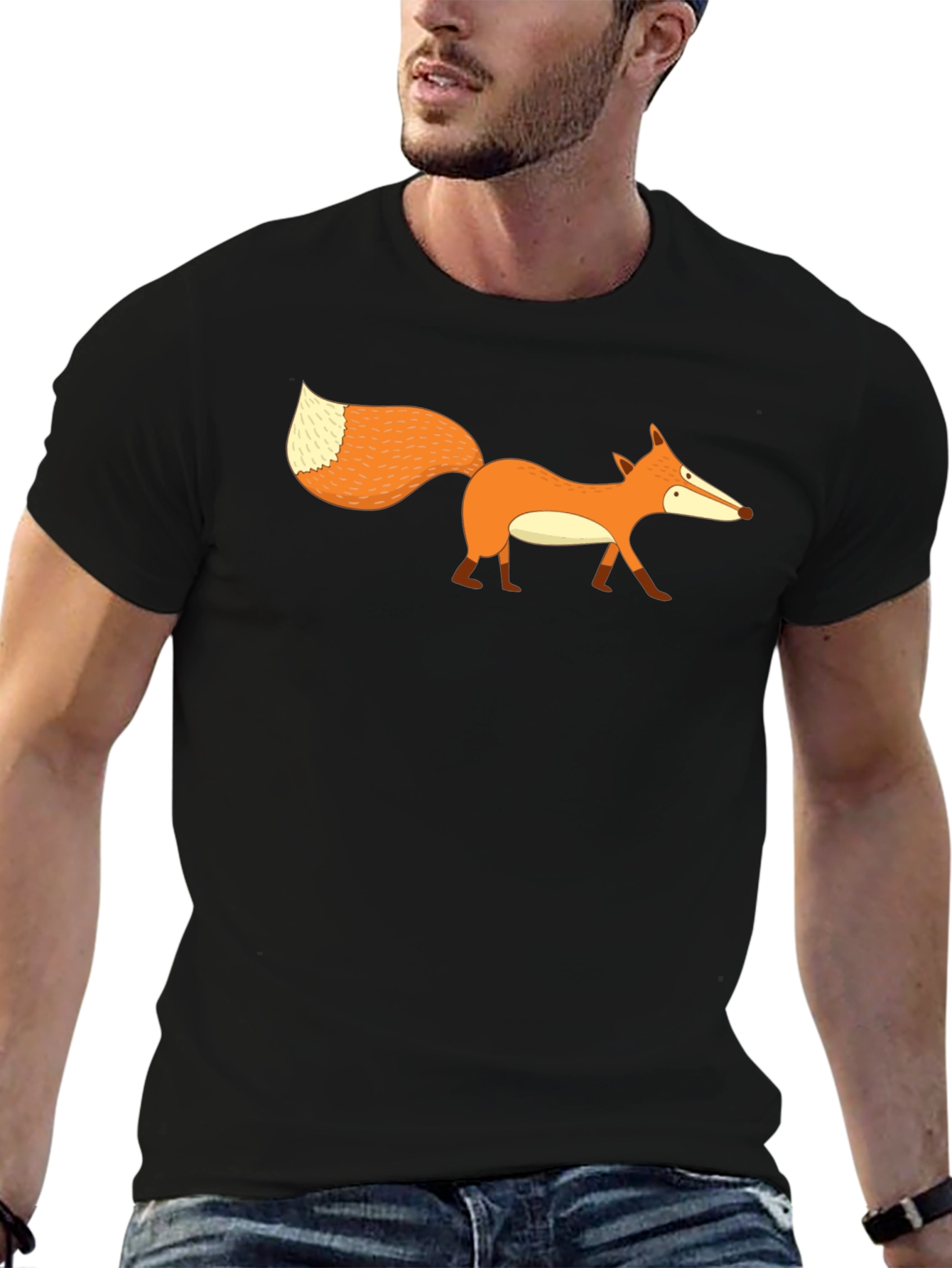 Black Cartoon Fox Graphic Print Men's Black T-Shirt view 6