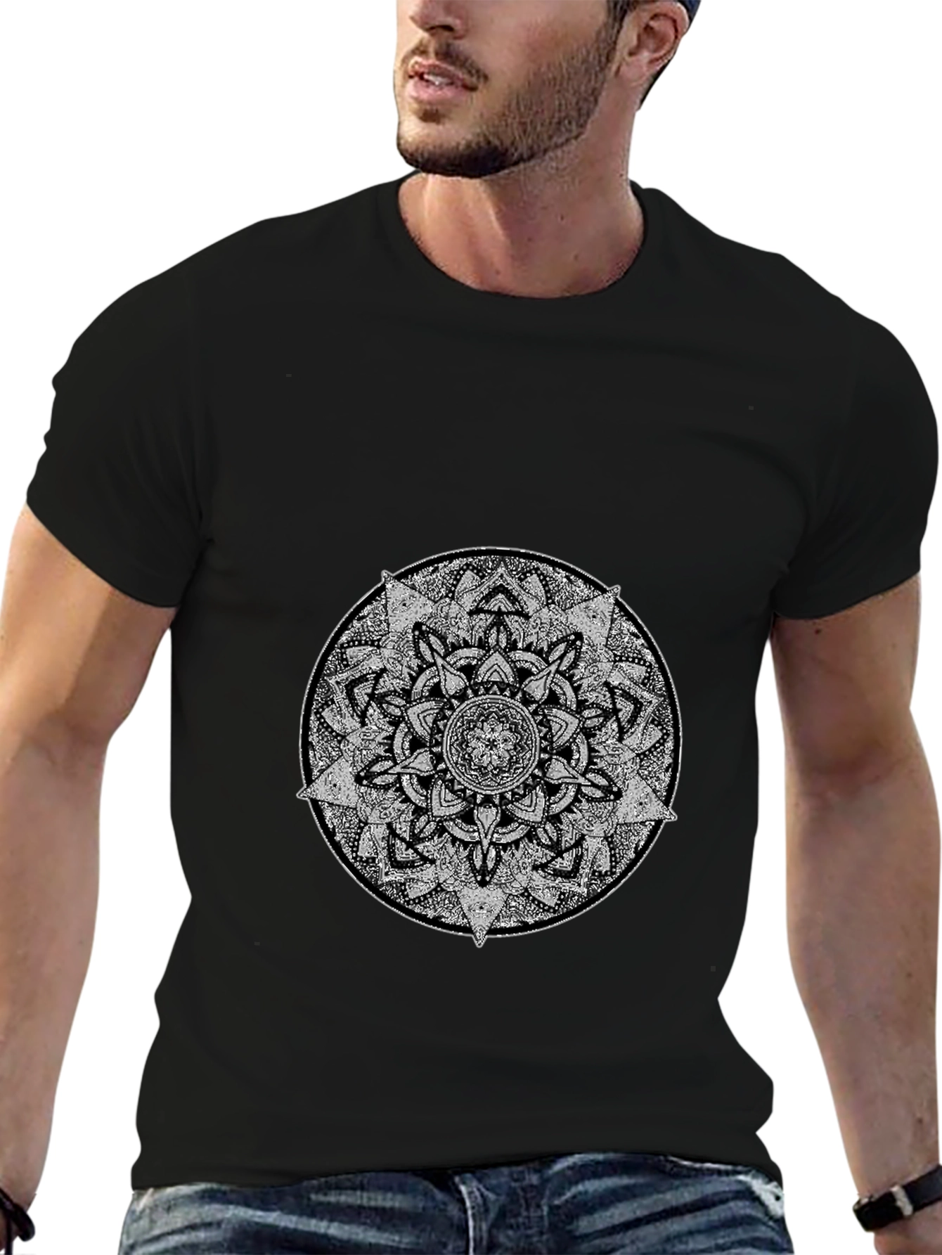 Men's Black T-Shirt with Mandala Graphic - 6